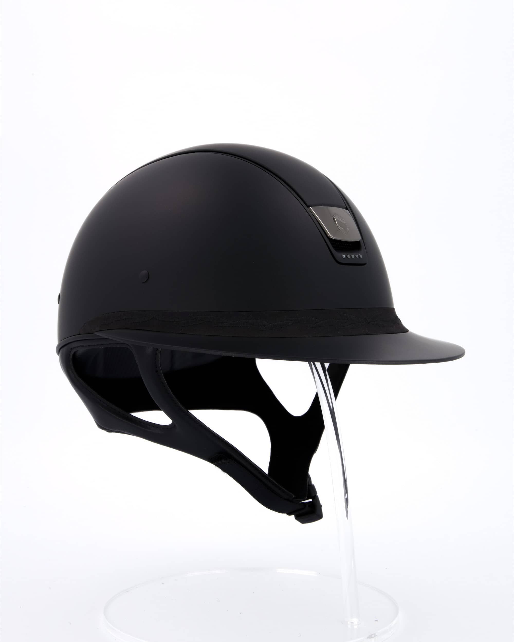 Riding helmet Miss Shield Shadowmatt Black, Top Shadowmatt Black, Frontal Band Flower Embroidery Black, Trim Matt Black, 5 Swarovski Jet Hemitate, Blason Chrome Black