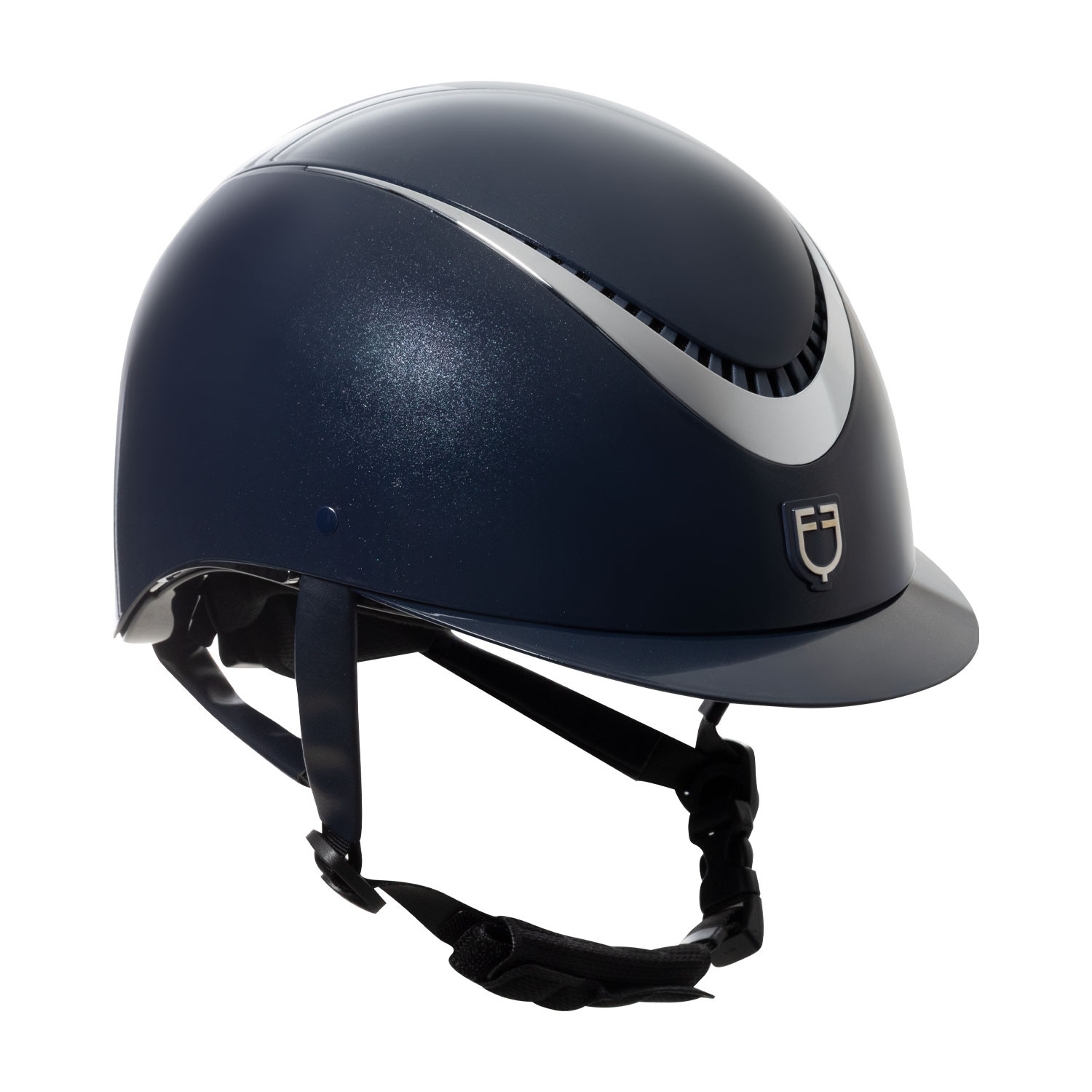 Glanz-Helm mit Kunstleder-Riemen und schmalem Visier, Norm EN 1384-2023