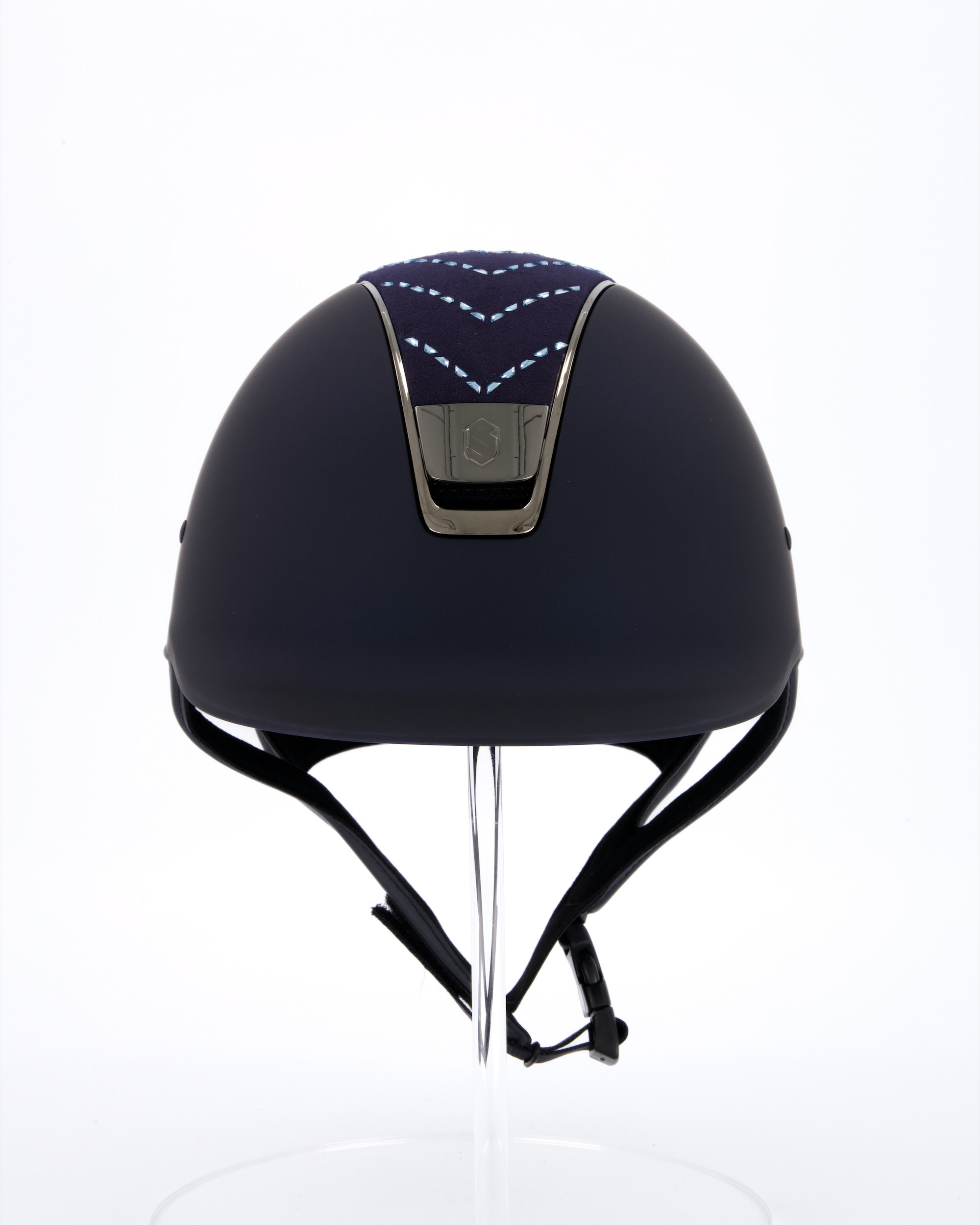 Riding helmet Shadowmatt Blue, Top Chevron Blue, Trim Black Chrome, Blason Black Chrome