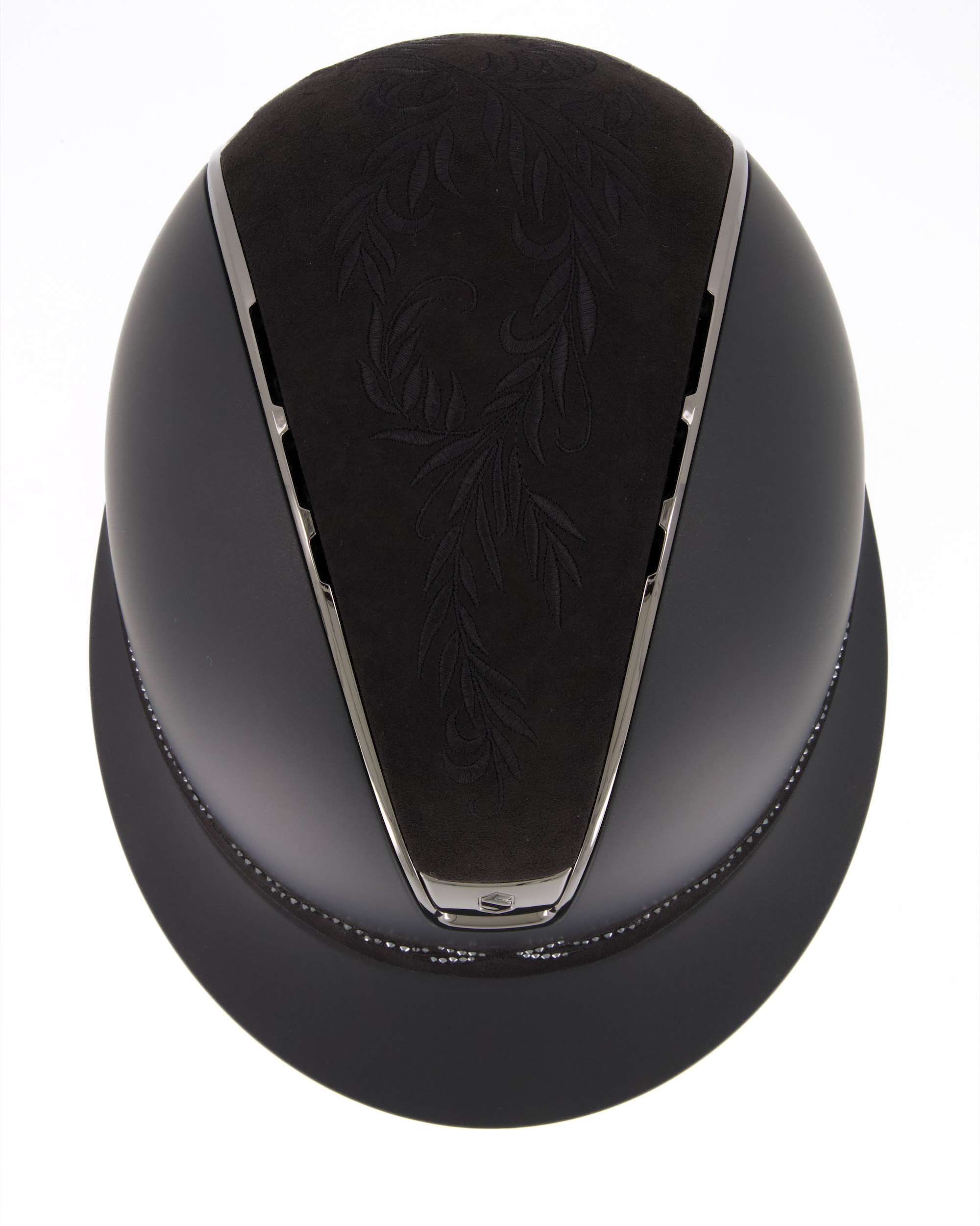 Reithelm 2.0 Miss Shield Shadowmatt Black, Top Flower Embroidery Black, Frontal Band Flower Swarovski Black, Trim u. Blason Chrome Black