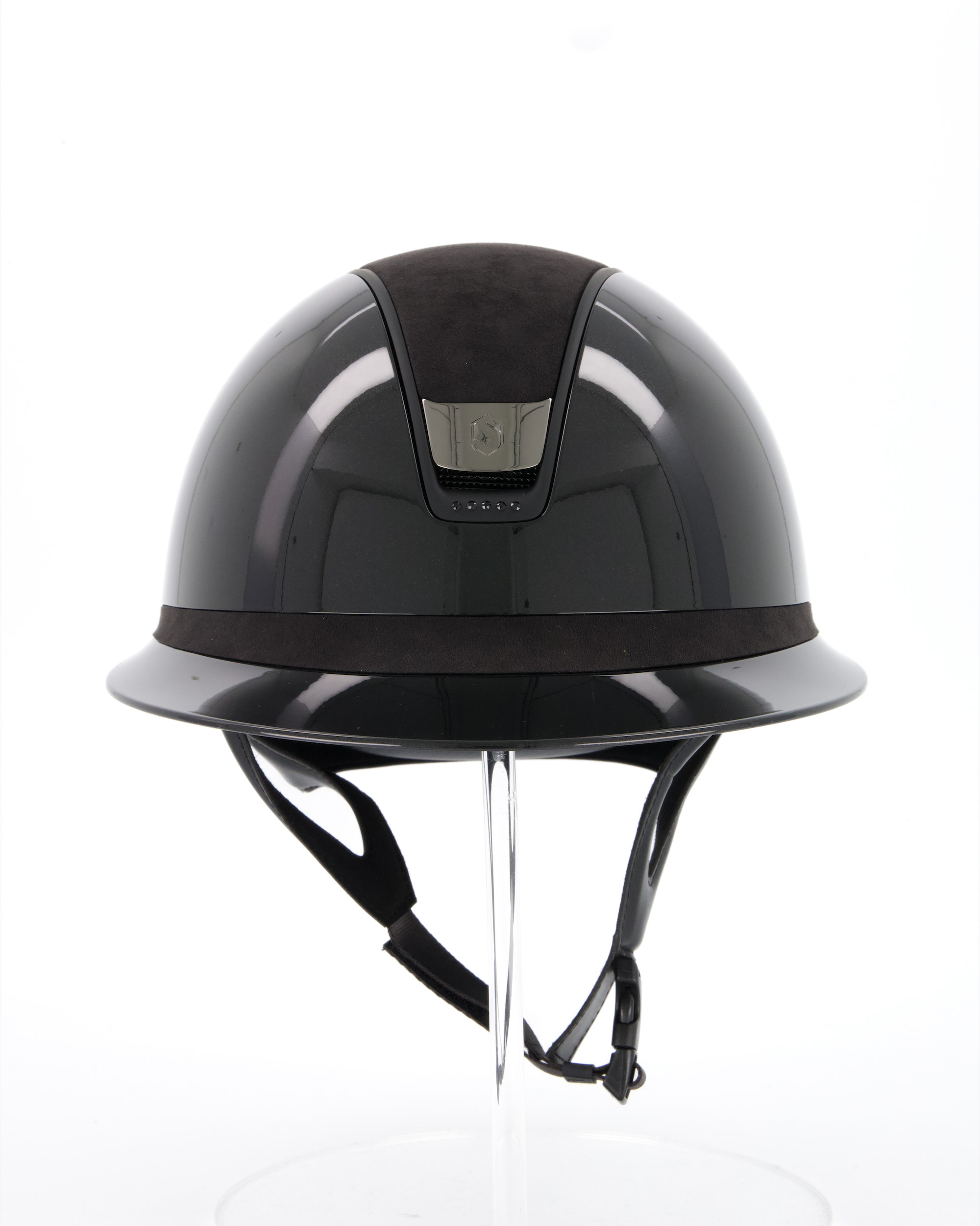 Reithelm 2.0 Shadowglossy black, Top u. Frontal Band Alcantara Black, Trim matt black, 5 Swarovski Black, Blason Chrome Black