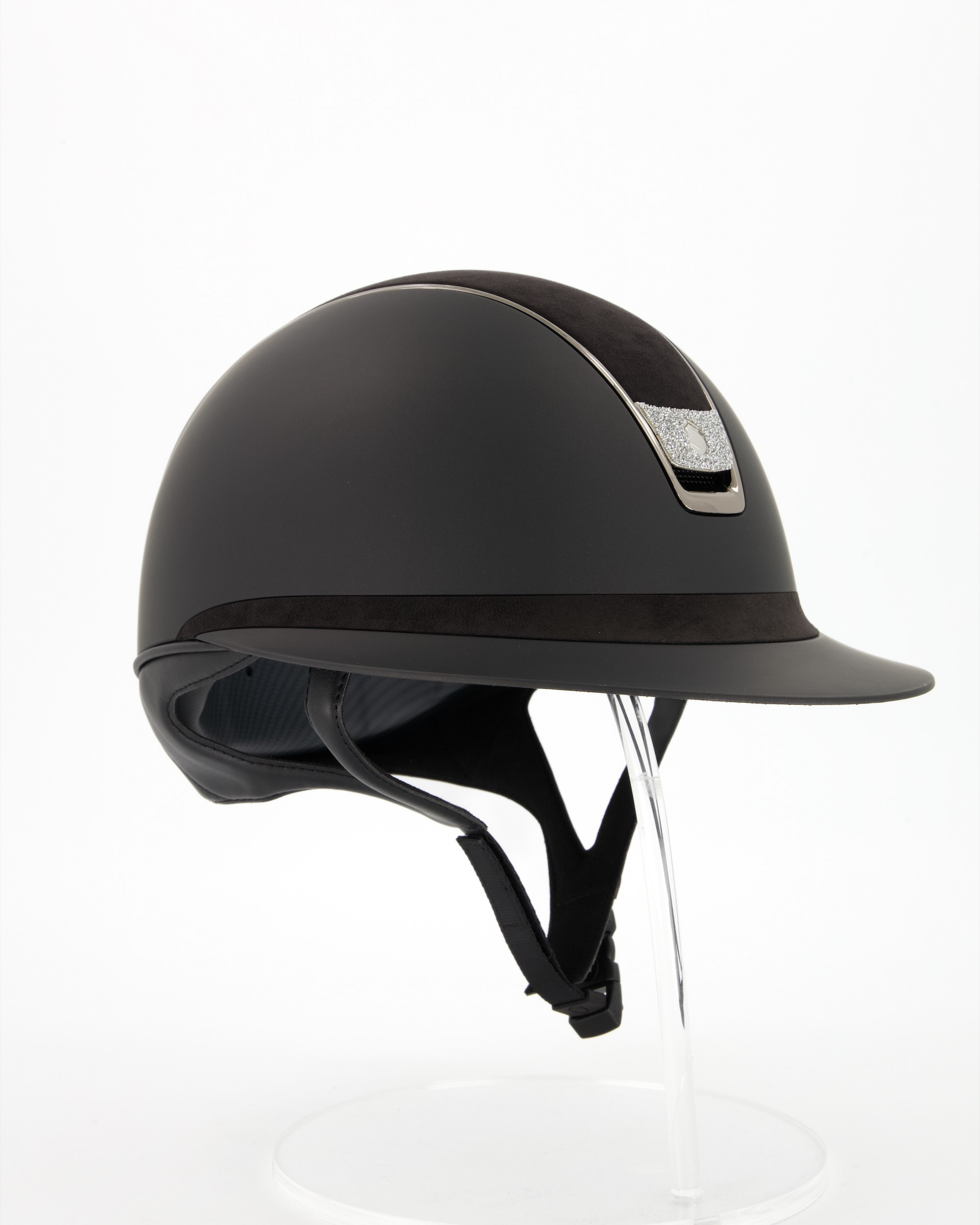 Riding helmet 2.0 Miss Shield Shadowmatt Top and Frontal Band Alcantara, Trim Chrome Black, Blason Crystal Fabric Silver in black