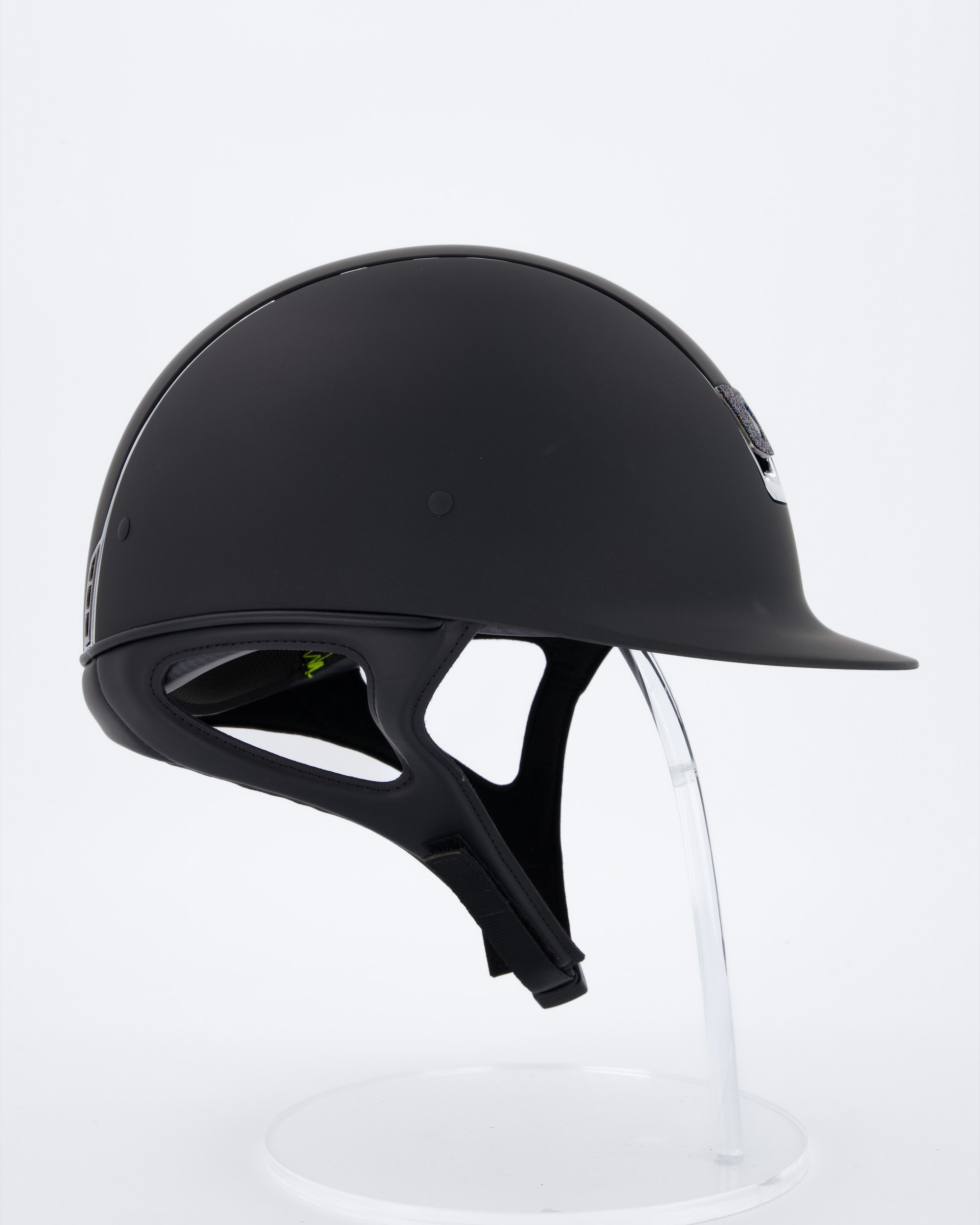 Riding helmet Shadowmatt Black, Top Shadowmatt Black, Trim Chrome Silver, Blason Crystal Fabric Bermuda Blue, Dressage cut-out, Size: L