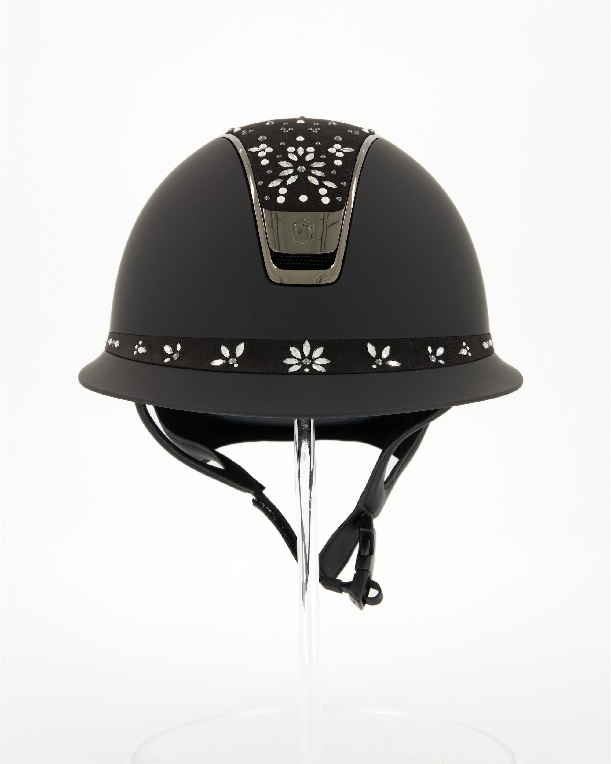 Riding helmet Miss Shield 2.0 Shadowmatt black, top and front strap Pearl Drop, Trim and Blason Chrome black