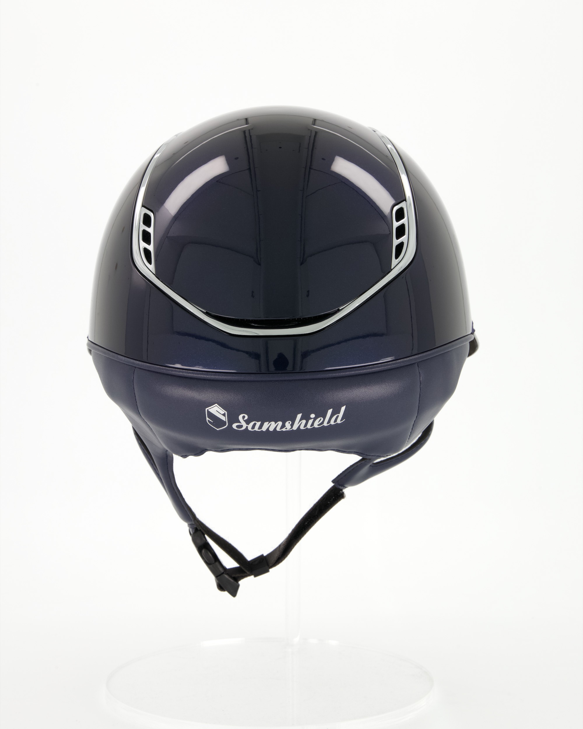 Riding helmet 2.0 Miss Shield Shadowglossy Blue, Frontalband Flower Swarovski Jewerly, Trim Chrome Silver, Blason Crystal Fabric Silver