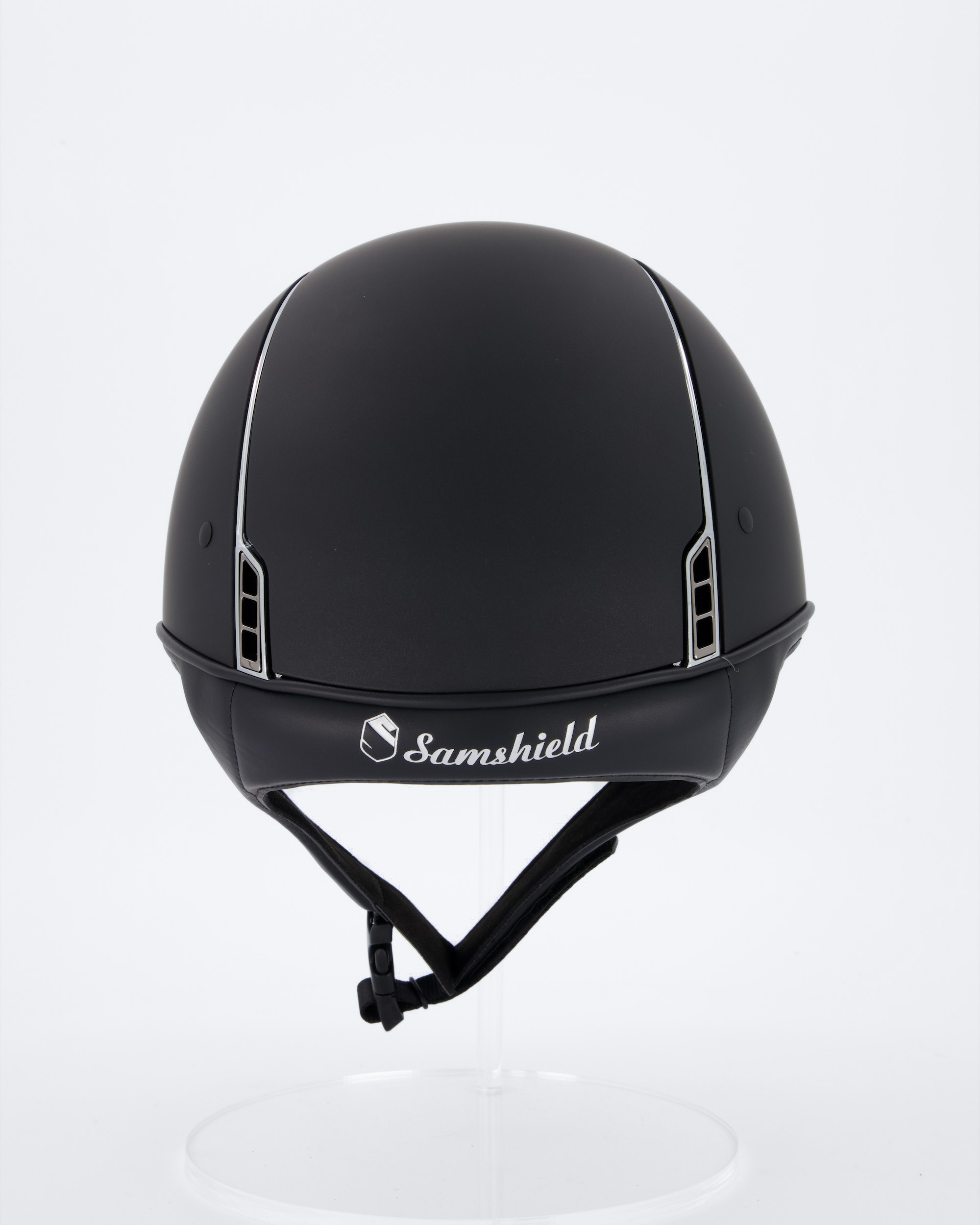 Riding helmet Shadowmatt Black, Top Shadowmatt Black, Trim Chrome Silver, Blason Crystal Fabric Bermuda Blue, Dressage cut-out, Size: L