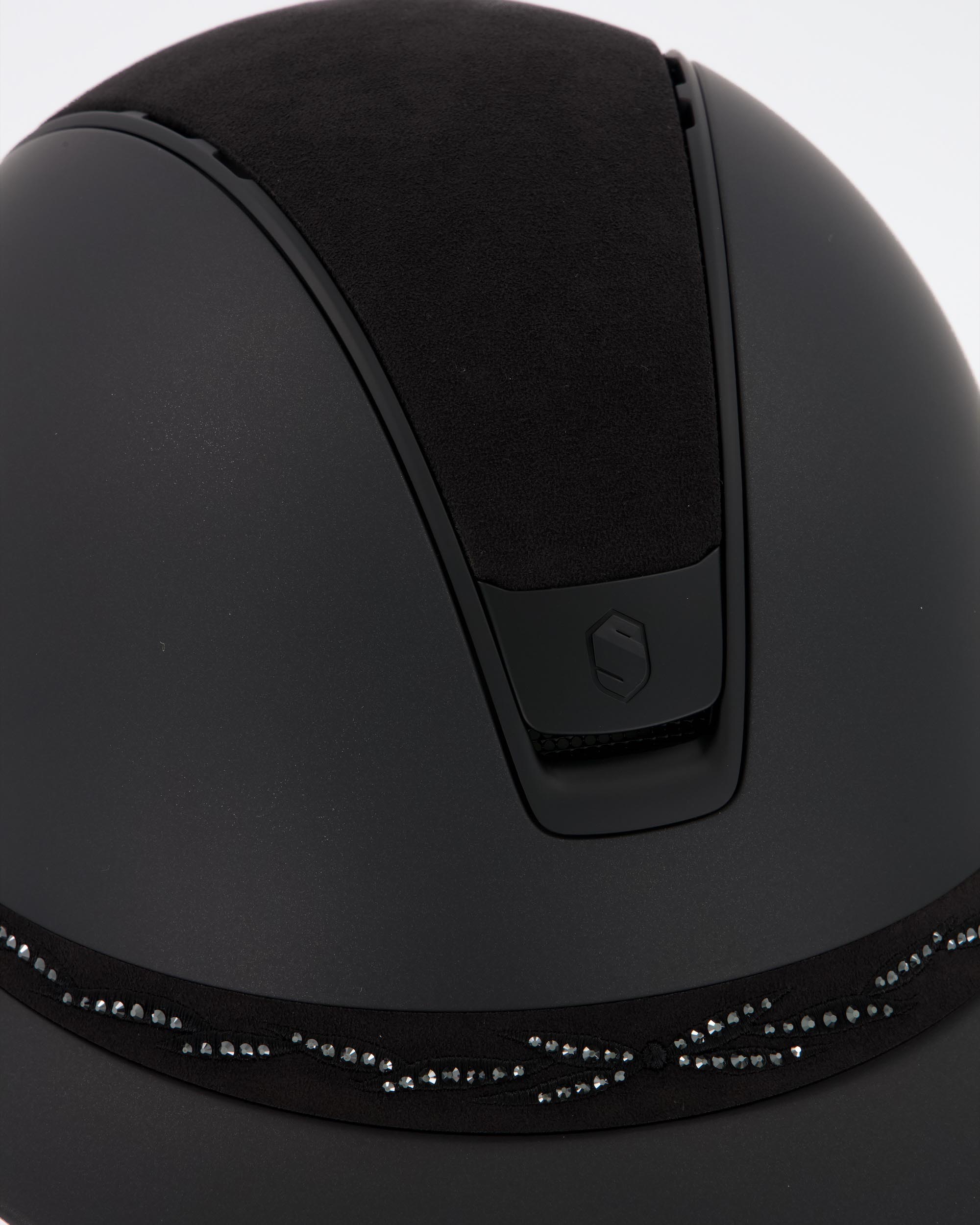 Riding helmet 2.0 Miss Shield Shadowmatt Black, Top Alcantara Black Frontal Band Flower Swarovski, Trim u. Blason Matt Black in black