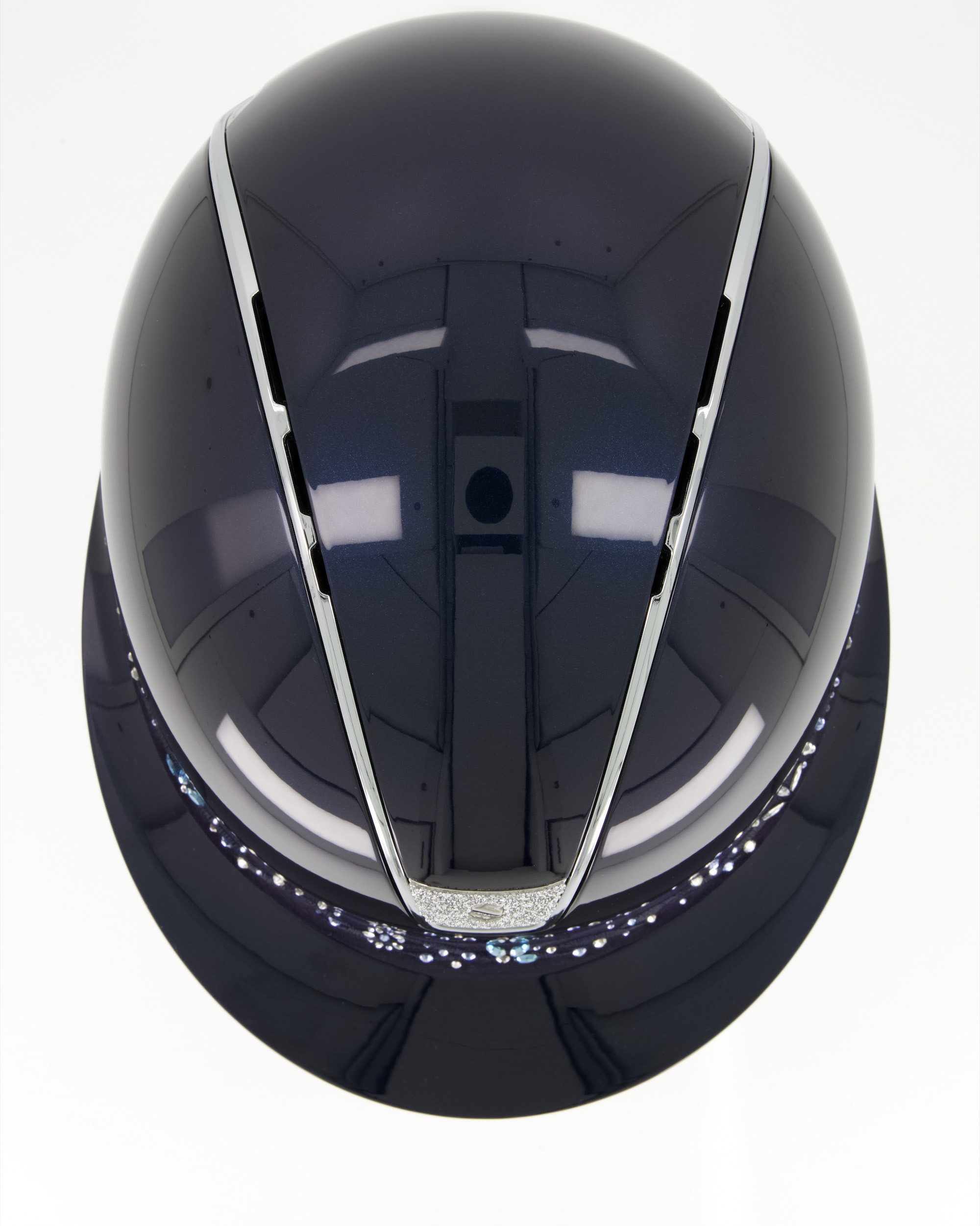 Riding helmet 2.0 Miss Shield Shadowglossy Blue, Frontalband Flower Swarovski Jewerly, Trim Chrome Silver, Blason Crystal Fabric Silver