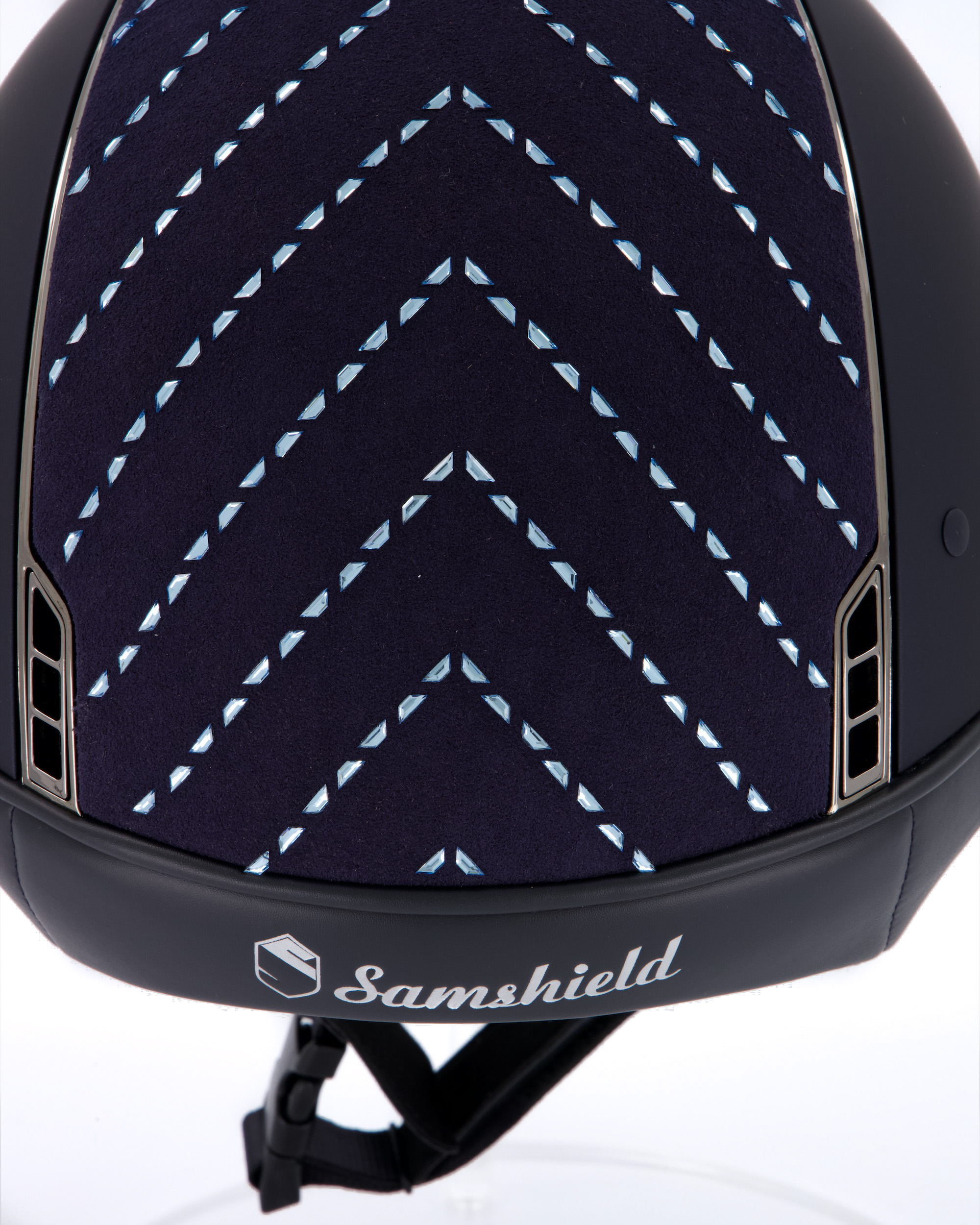 Riding helmet Shadowmatt Blue, Top Chevron Blue, Trim Black Chrome, Blason Black Chrome