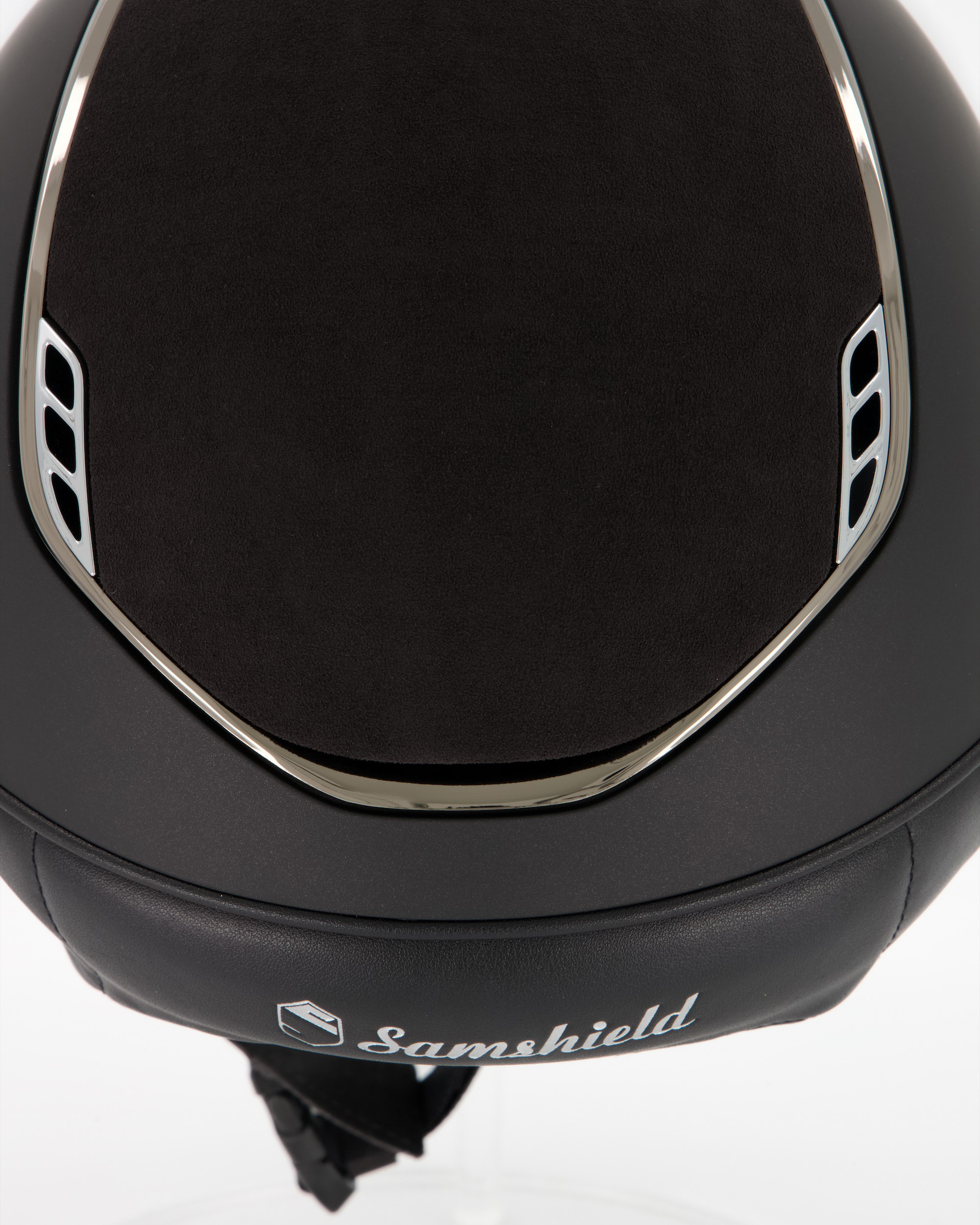 Riding helmet 2.0 Miss Shield Shadowmatt Top and Frontal Band Alcantara, Trim Chrome Black, Blason Crystal Fabric Silver in black
