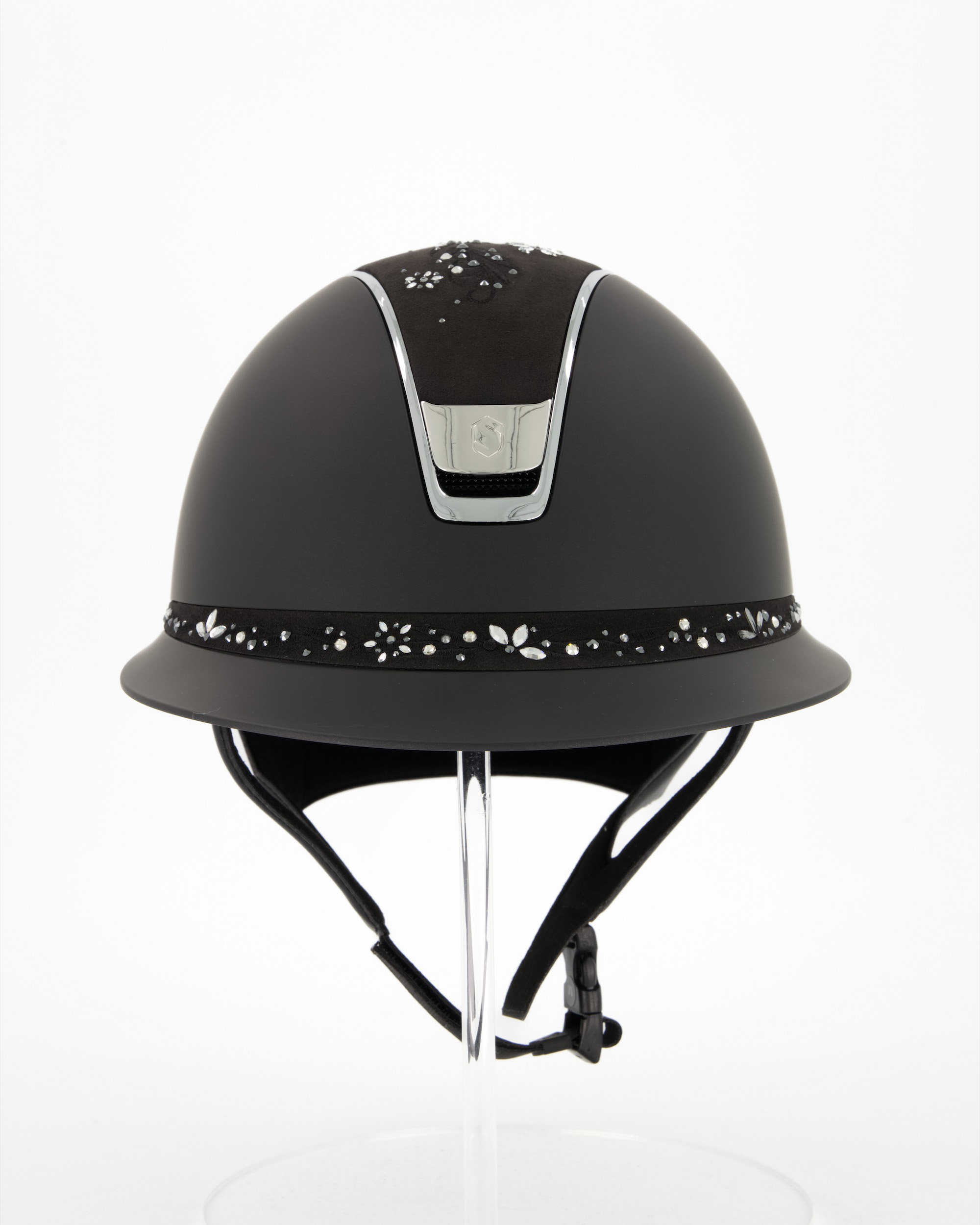 Riding helmet 2.0 Miss Shield Shadowmatt Top a. Frontal Band Flower Majestic Jewerly, Blason a. Trim Chrome Silver in black