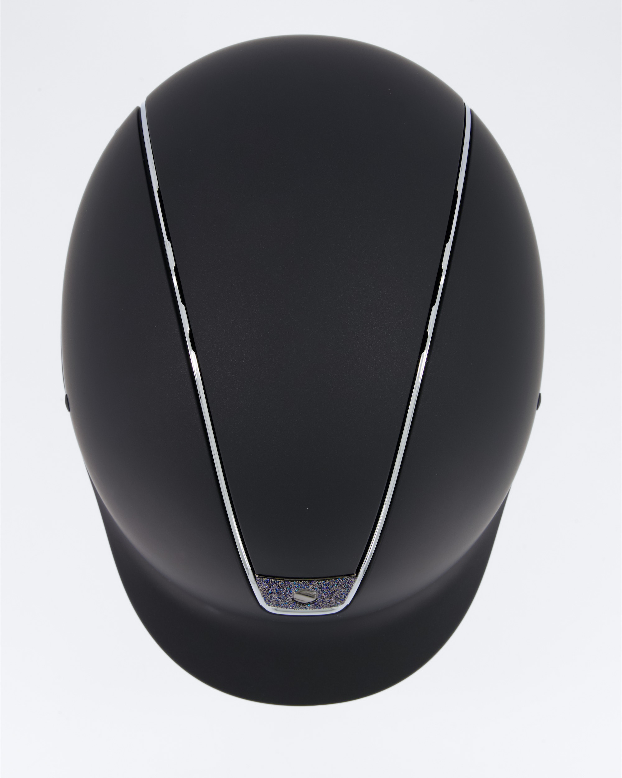 Riding helmet Shadowmatt Black, Top Shadowmatt Black, Trim Chrome Silver, Blason Crystal Fabric Bermuda Blue, Dressage cut-out, Size: L
