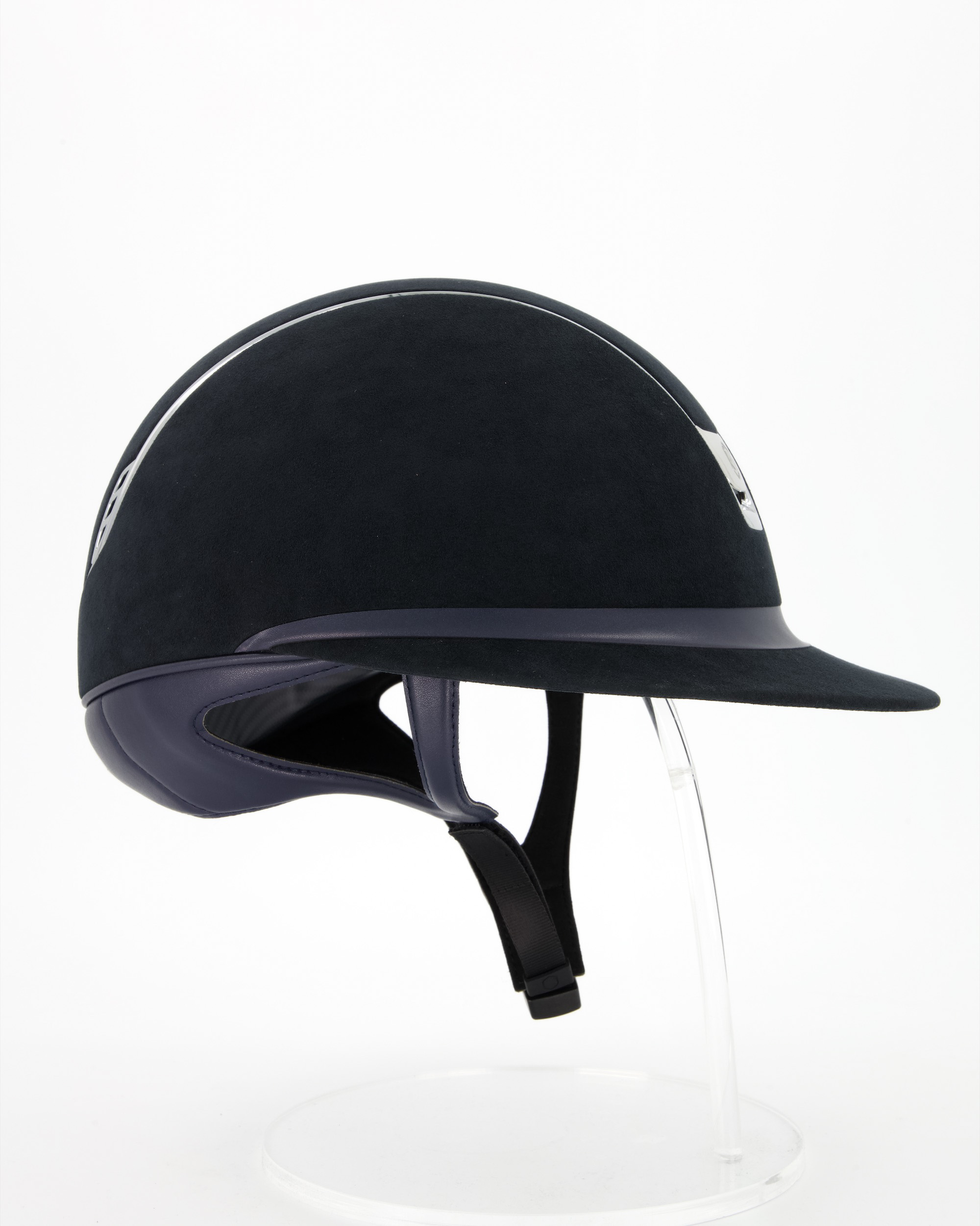 Reithelm Miss Shield 2.0 Premium, Top Alcantara Blue, Frontal Band Leather Blue, Trim u. Blason Chrome Silver in blau