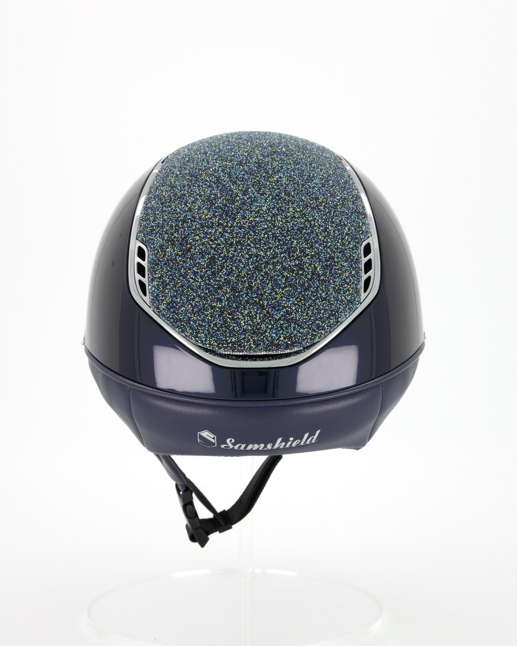 Riding helmet 2.0 Miss Shield Shadowglossy, Top and Frontal Band Crystal Fabric Ocean Depth, Trim Chrome Silver, Blason Crystal Fabric Silver in blue