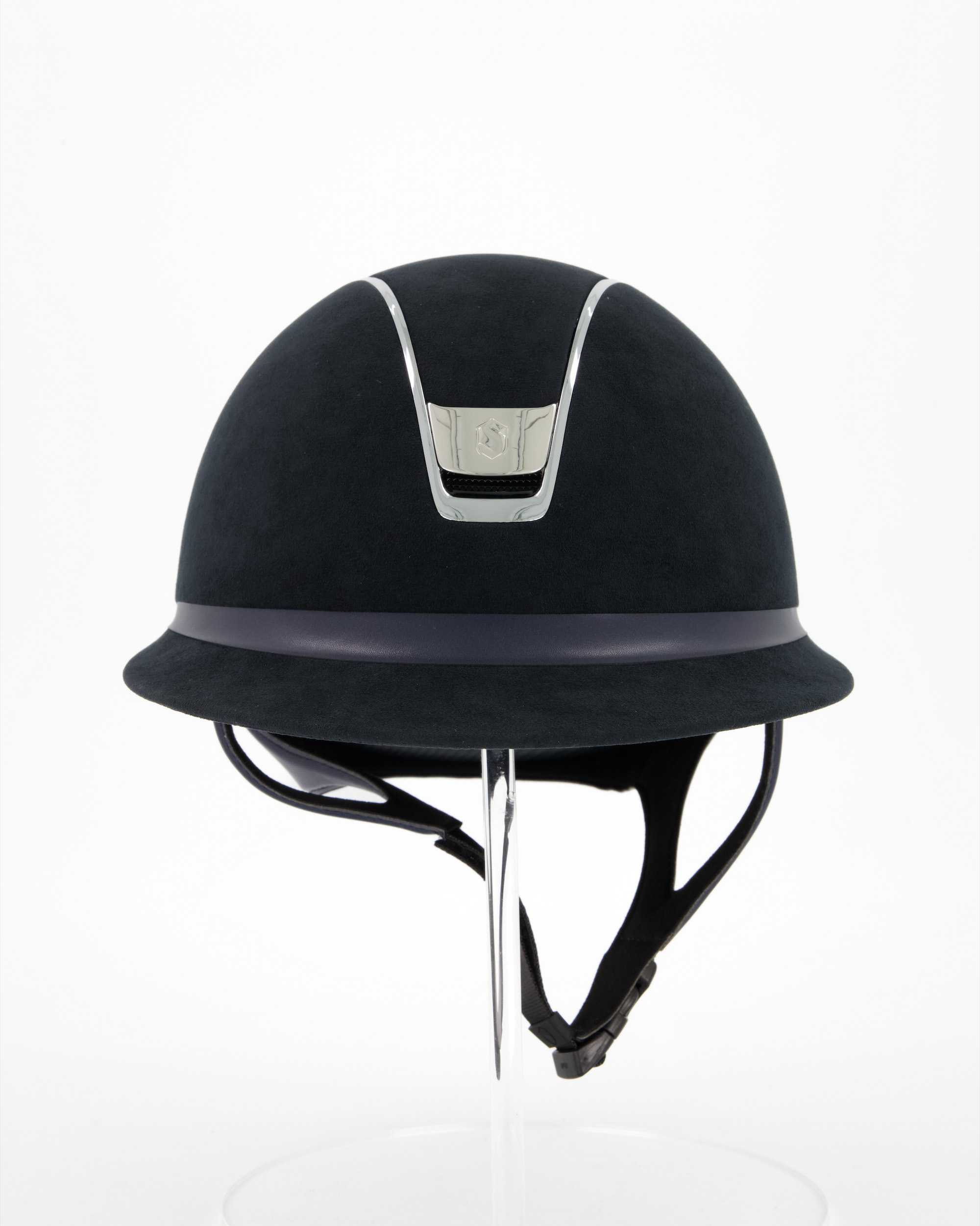 Reithelm Miss Shield 2.0 Premium, Top Alcantara Blue, Frontal Band Leather Blue, Trim u. Blason Chrome Silver in blau