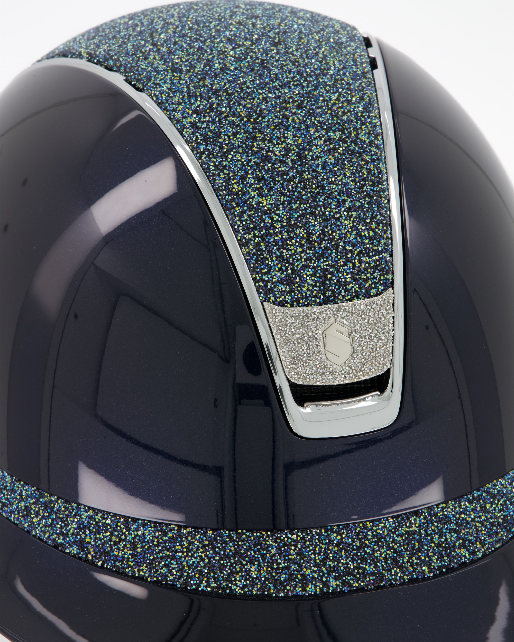 Riding helmet 2.0 Miss Shield Shadowglossy, Top and Frontal Band Crystal Fabric Ocean Depth, Trim Chrome Silver, Blason Crystal Fabric Silver in blue