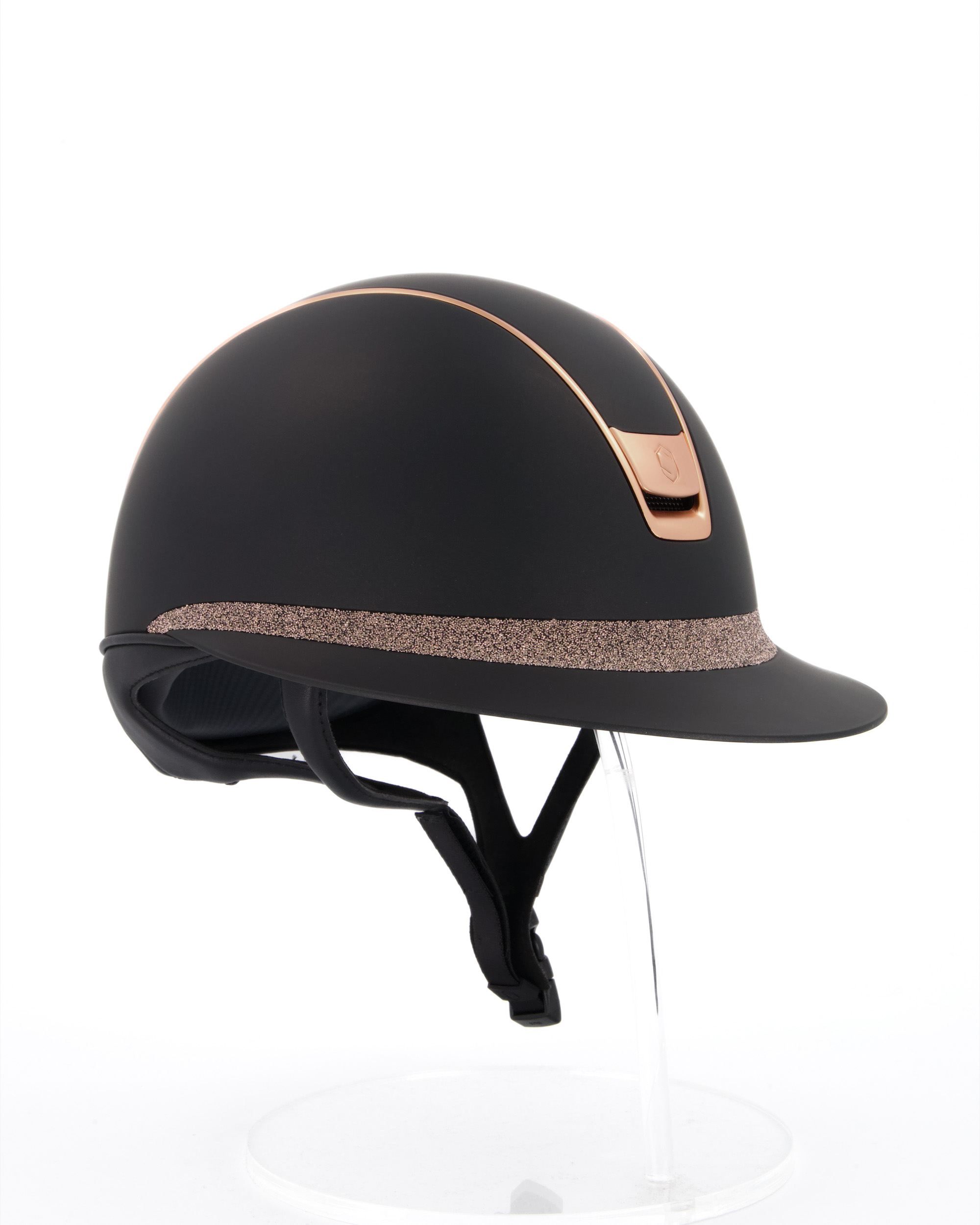 Reithelm 2.0 Miss Shield Shadowmatt black, Frontal Band Crystal Fabric rosegold, Trim u. Blason Matt Pink