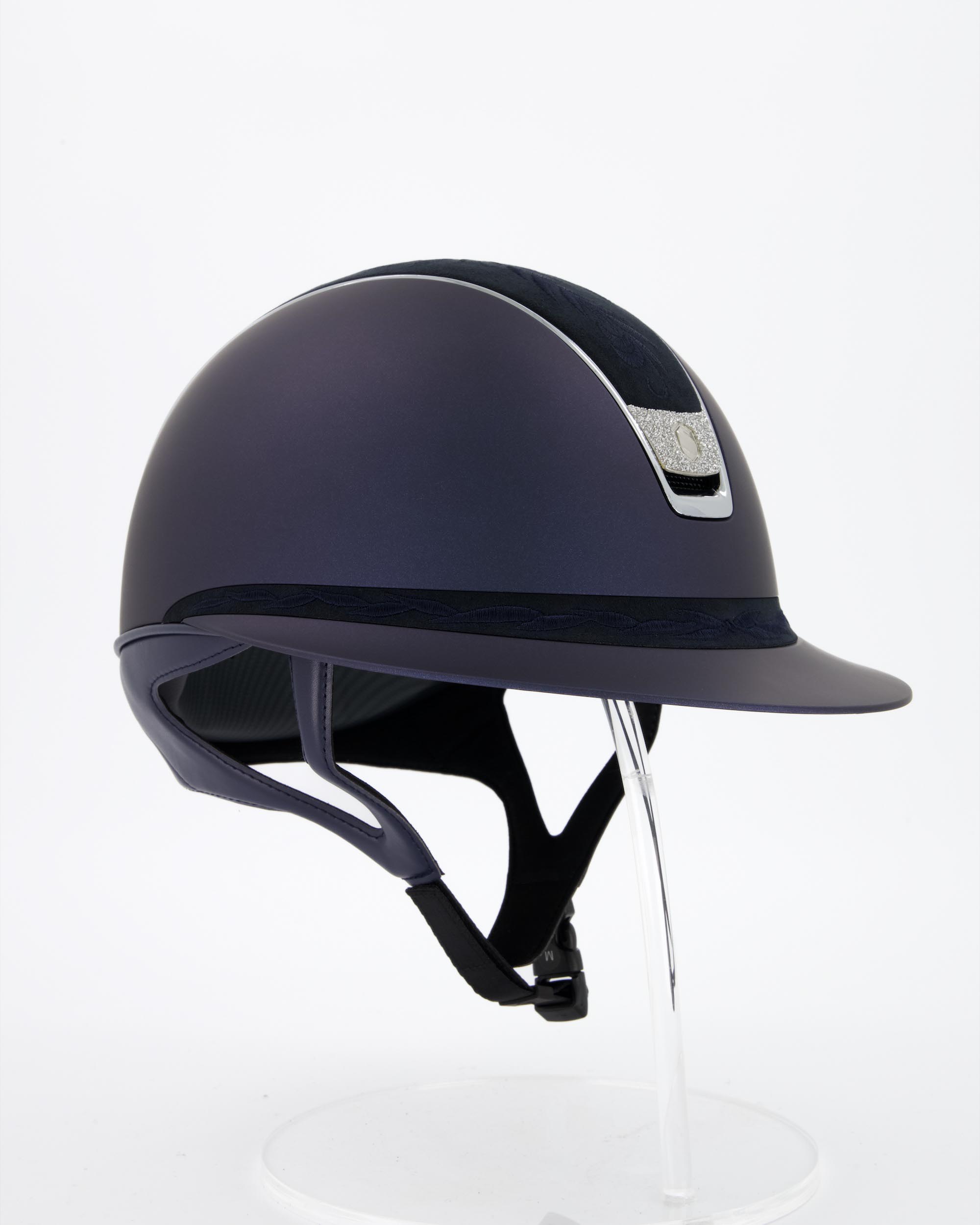 Reithelm 2.0 Miss Shield Shadowmatt Blue, Top u. Frontal Band Fower Embroidery, Trim Chrome, Blason Crystal Fabric Silver in blau