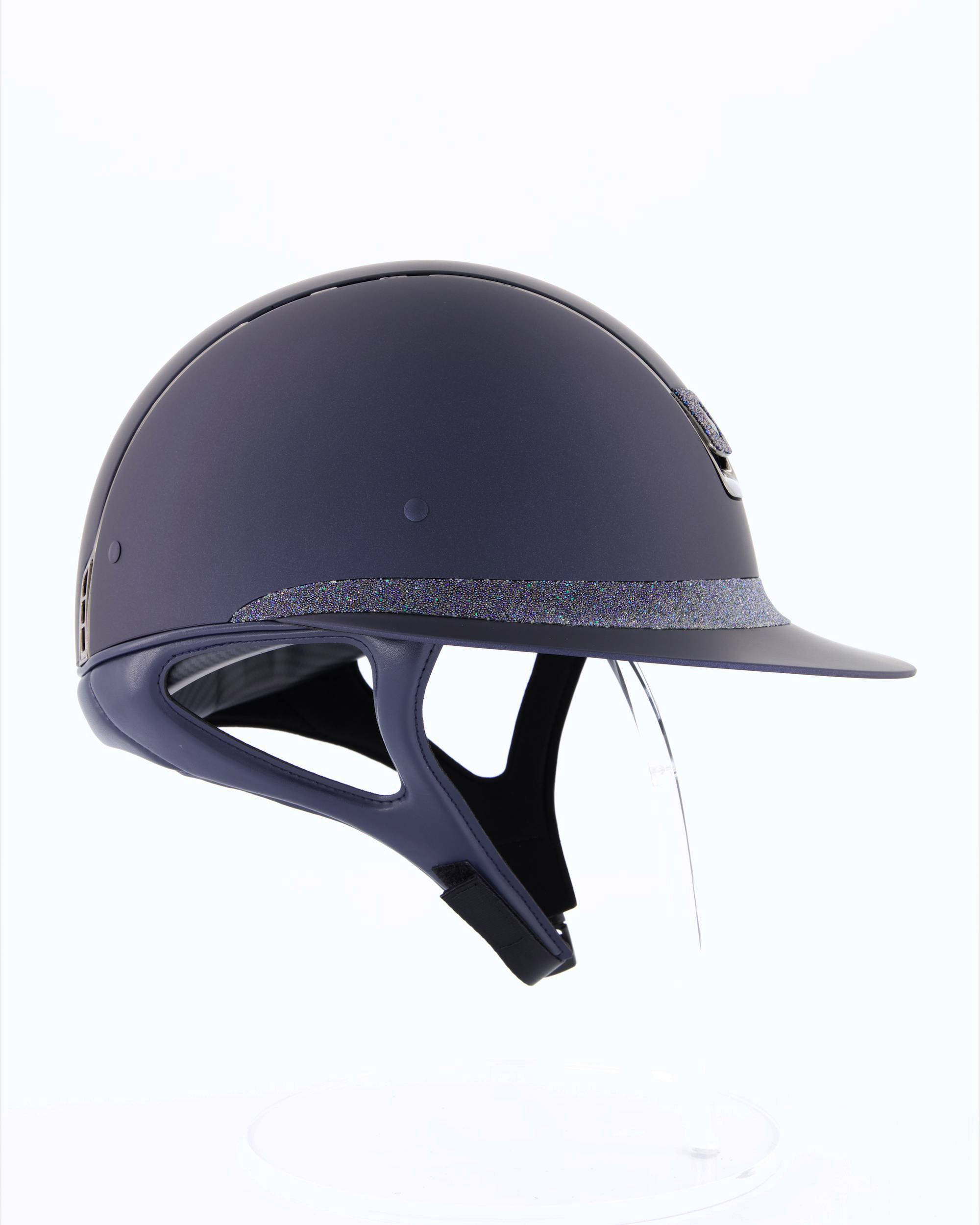 Riding helmet Miss Shield Shadowmatt, Frontal Band Crystal Fabric Swarovski Bermuda Blue, Trim Chrome Black, Blason Crystal Fabric Bermuda Blue in Blue