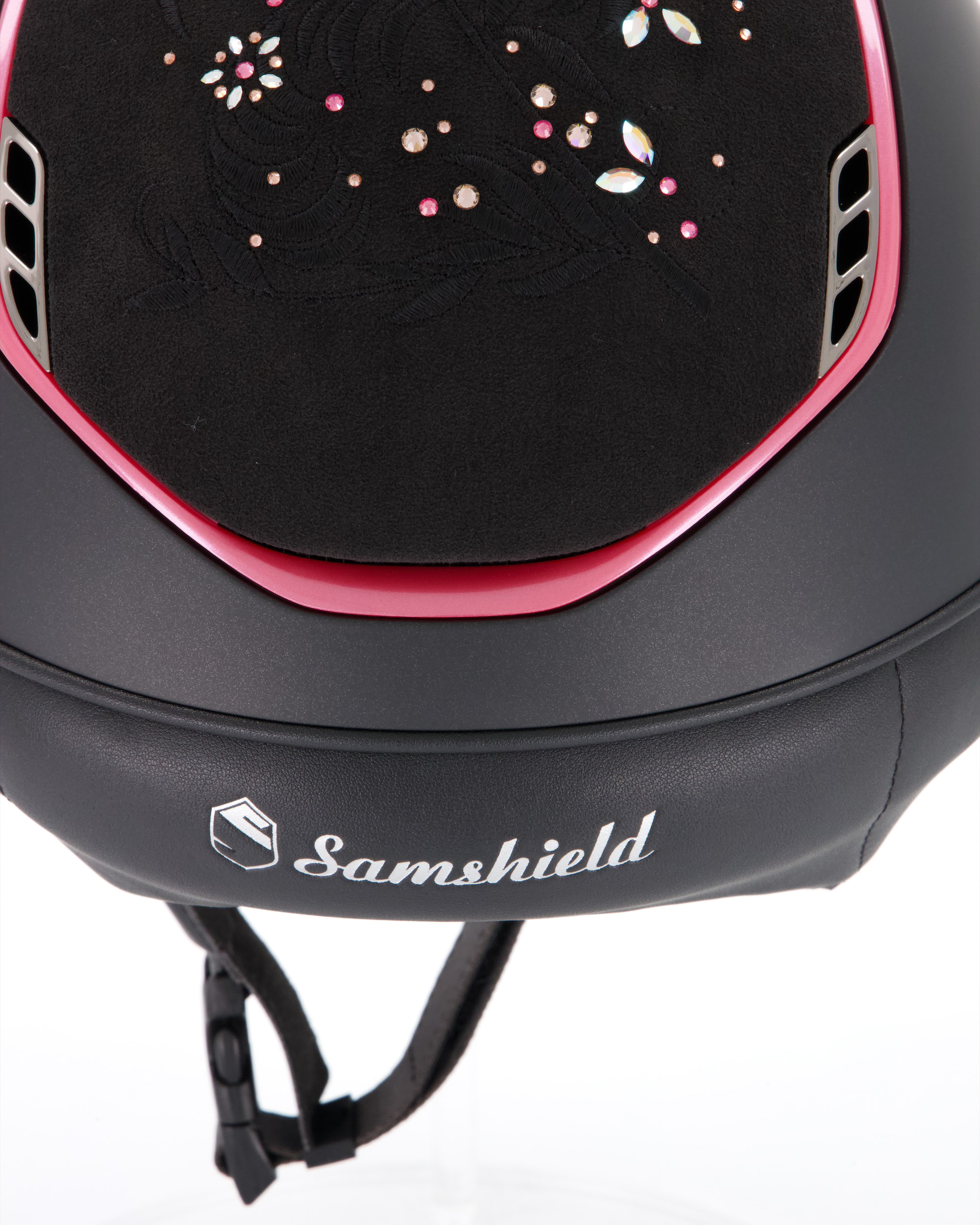 Reithelm 2.0 Shadowmatt black, Top u. Frontal Band Flower Swarovski Jewelry in Majestic Pink, Trim Metallic baby pink, Blason Chrome Black
