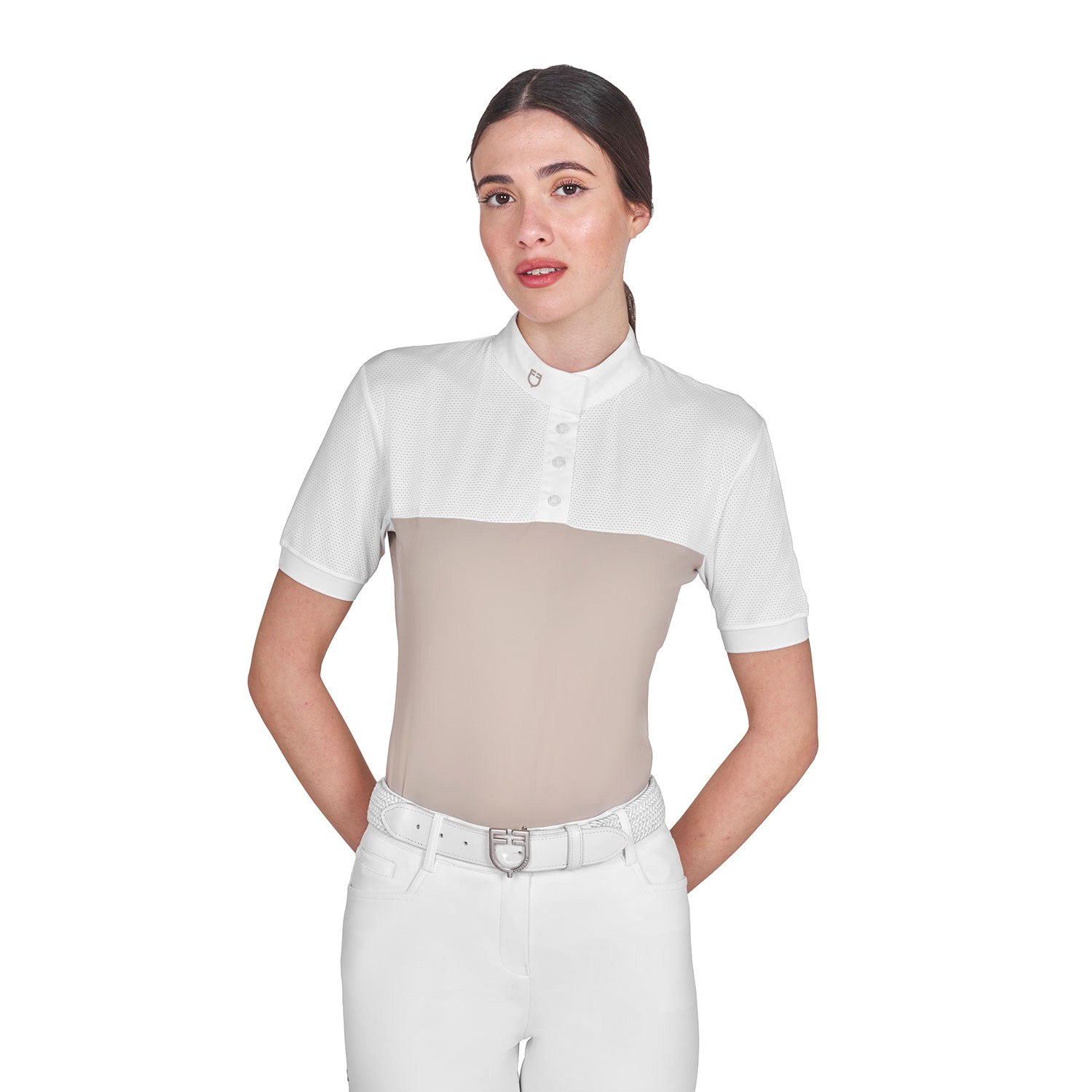 Schmal geschnittenes Damen-Poloshirt aus Funktionsmaterial und Mesh