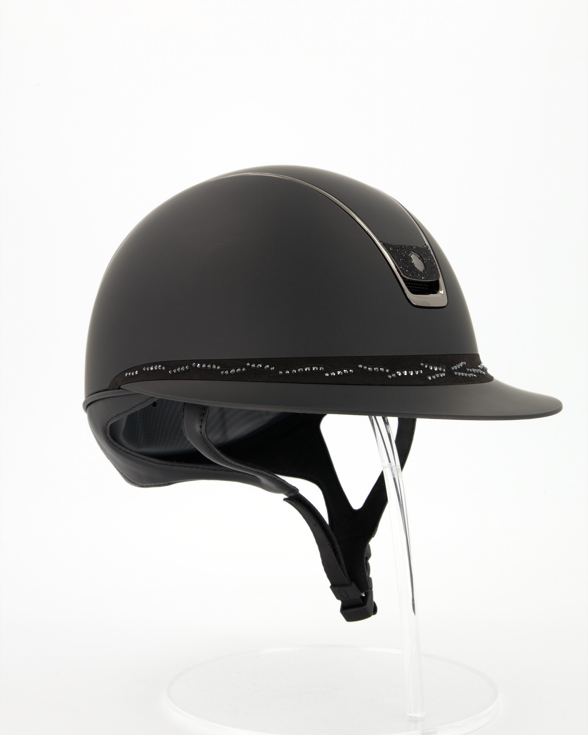 Reithelm Miss Shield 2.0 Shadowmatt Black, Top Shadowmatt Black, Frontalband Flower Swarovski Black,Trim Chrome Black, Blason Crystal Fabric Black in schwarz