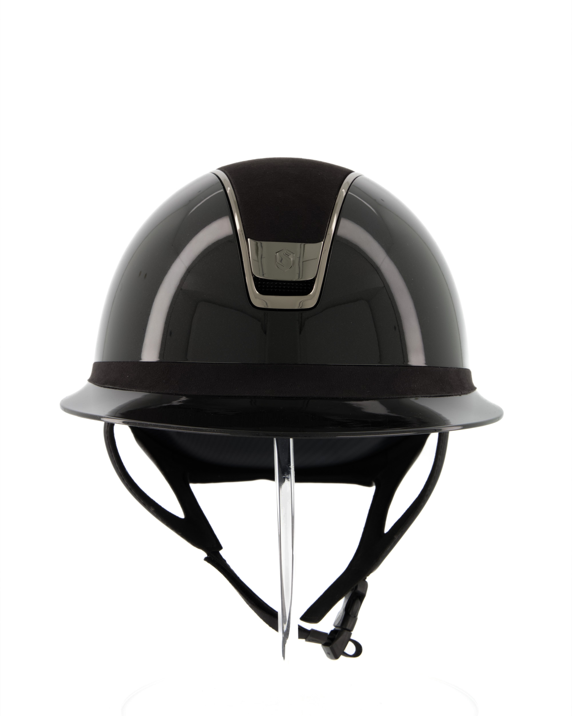 Riding helmet 2.0 Miss Shield Shadowglossy, Top Alcantara Black, Frontal Band Alcantara Black, Trim Chrome Black, Blason Chrome Black