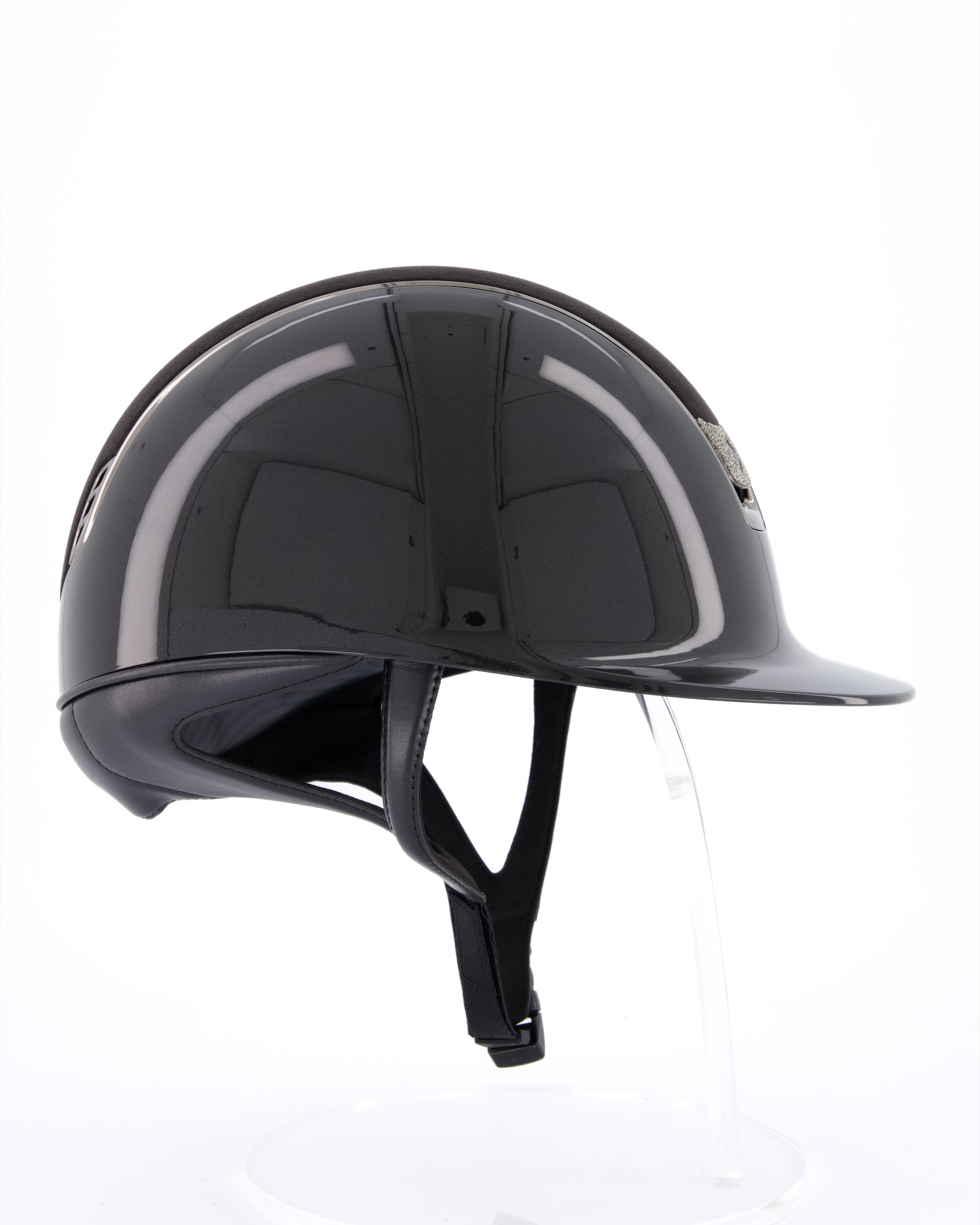 Riding helmet 2.0 Shadowglossy, Top Alcantara Black, Trim Black Chrome, Blason Crystal Fabric Swarovski Silver in black