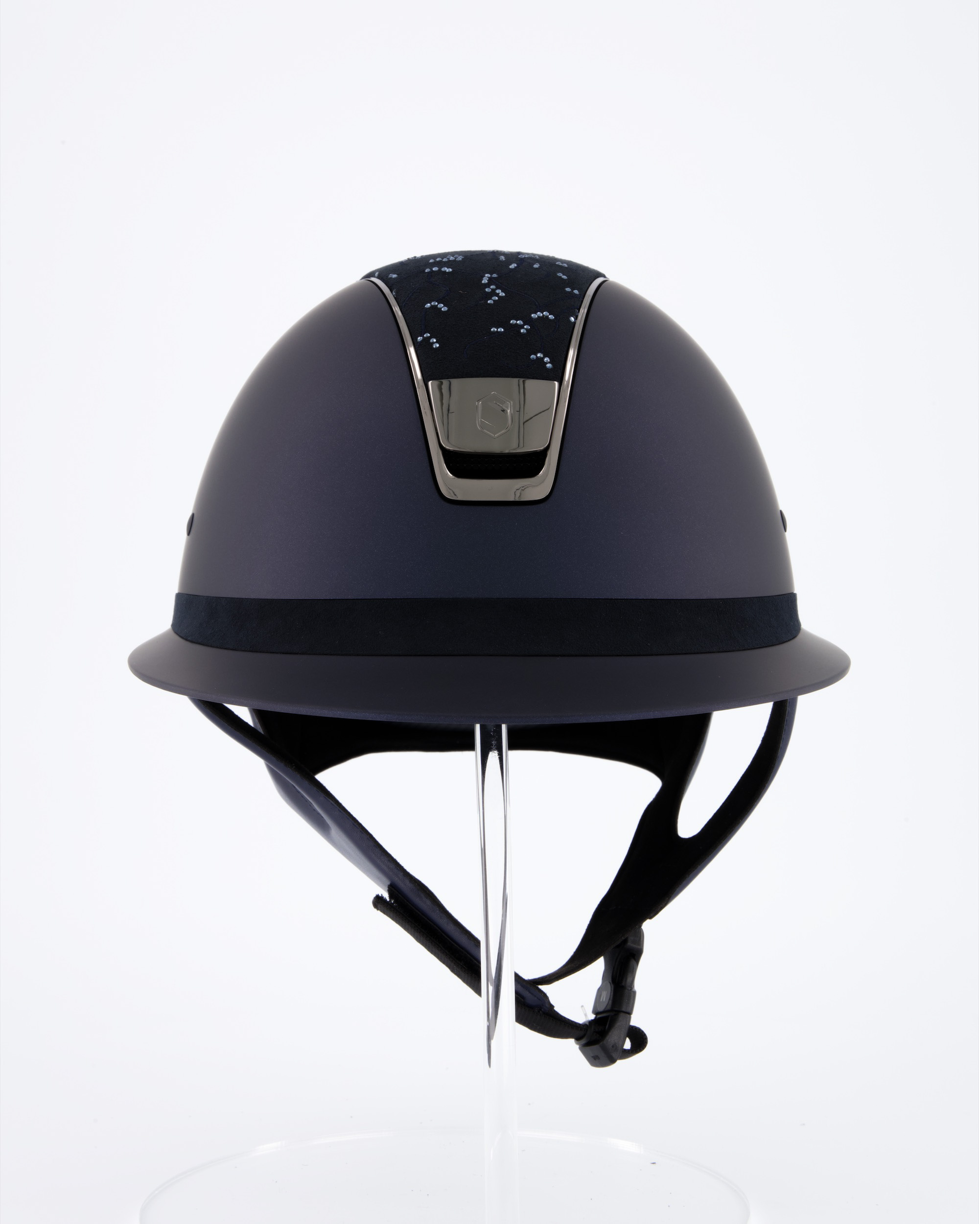 Riding helmet Miss Shield Shadowmatt Blue, Top Crystal Leaf Blue / Alcantara Blue, Frontal Band Alcantara Blue, Trim Chrome Black, Blason Chrome Black in blue