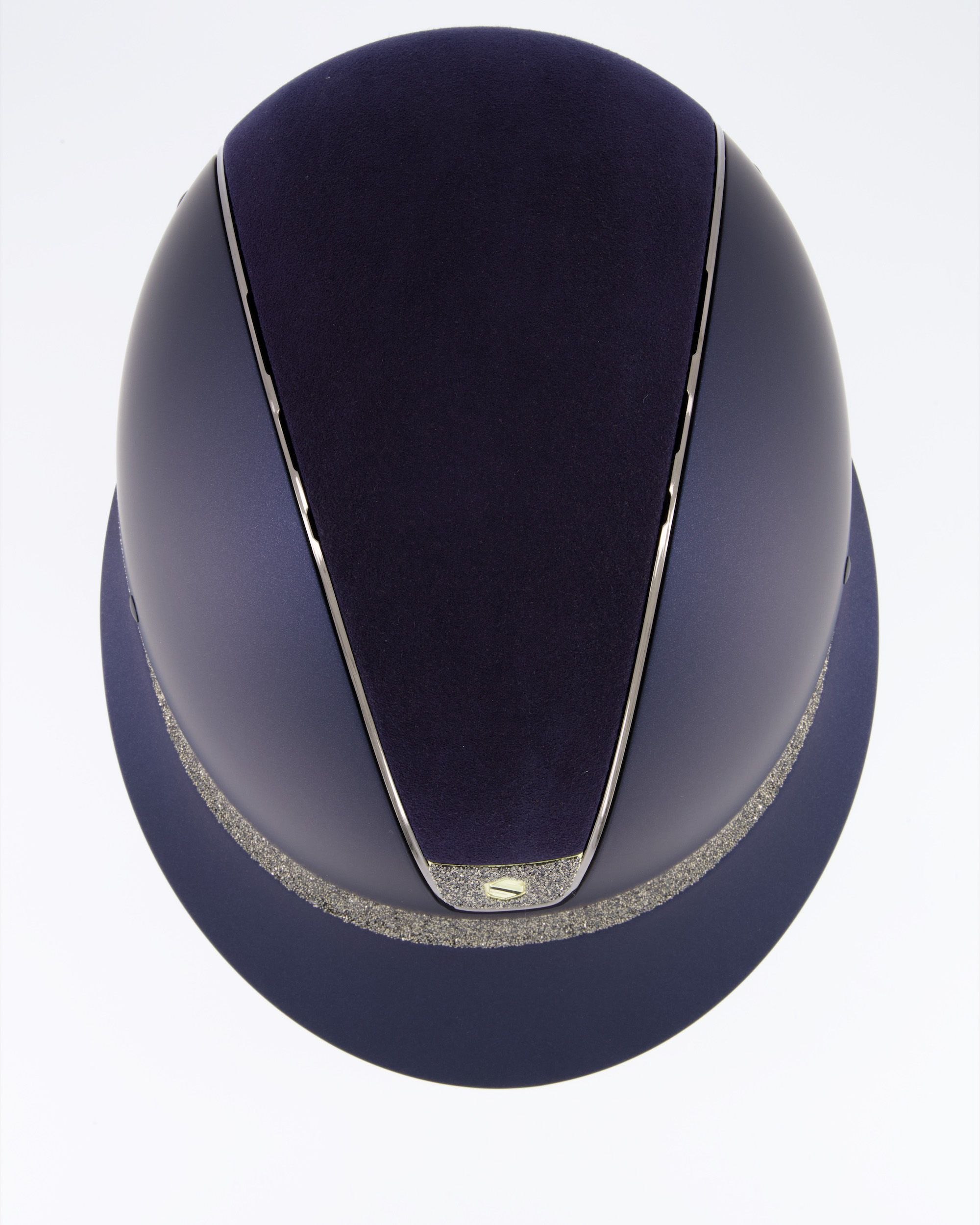 Riding helmet Miss Shield Shadowmatt Blue, Top Alcantara Blue, Frontal Band Crystal Fabric Swarovski Metal Eclipse, Trim Chrome Black, Blason Crystal Fabric Gold