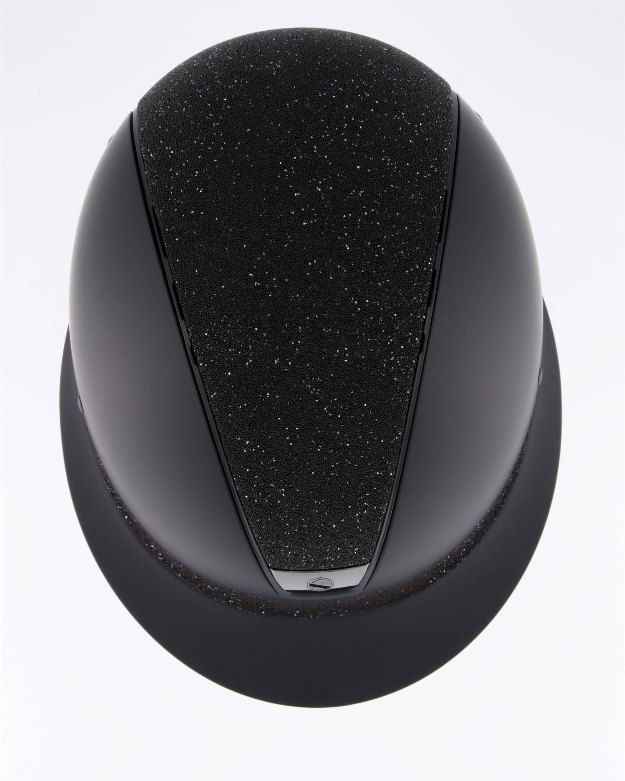Riding helmet Miss Shield Shadowmatt, Top Crystal Fabric Swarovski Black, Frontal Band Crystal Fabric Swarovski Black, Trim Matt Black, Blason Chrome Black in black