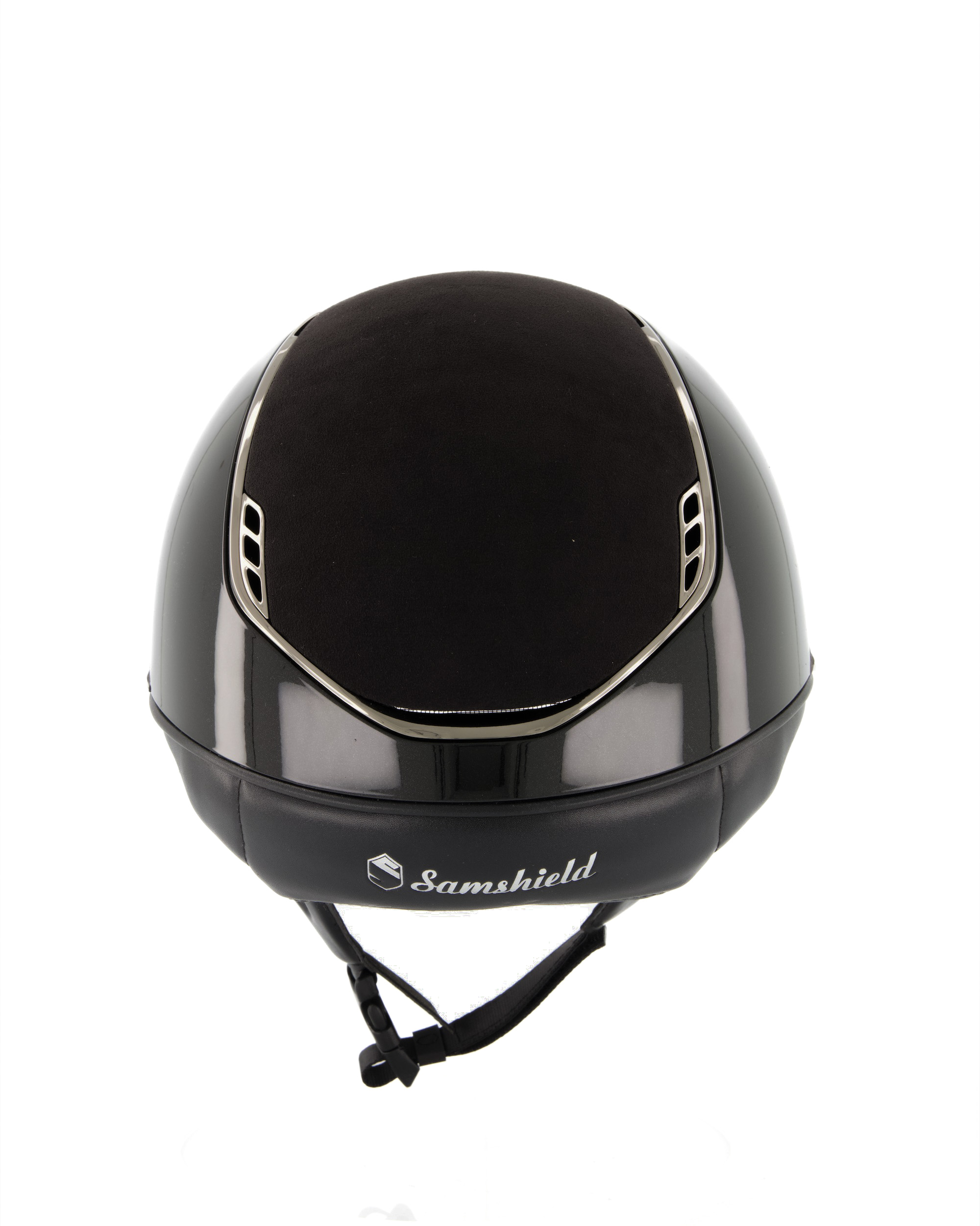 Riding helmet 2.0 Miss Shield Shadowglossy, Top Alcantara Black, Frontal Band Alcantara Black, Trim Chrome Black, Blason Chrome Black