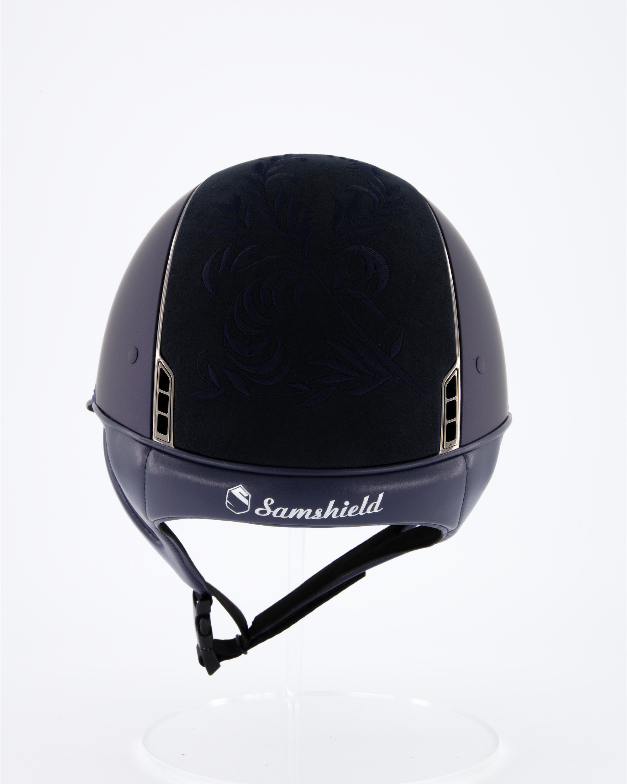 Reithelm Miss Shield Shadowmatt Blue, Top Flower Embroidery Blue, Frontal Band Flower Swarovski Blue, Trim u. Blason Chrome Black