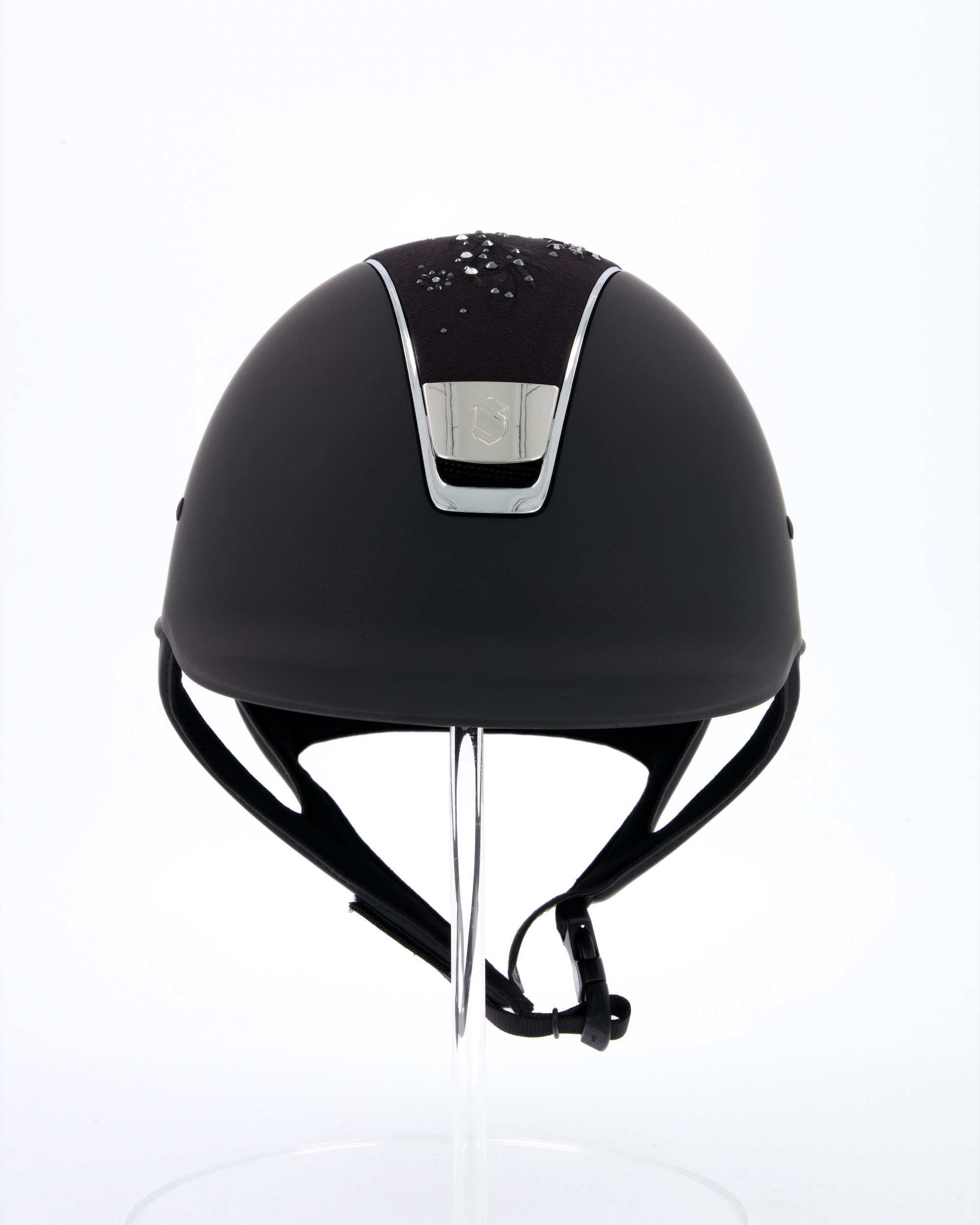Riding helmet Shadowmatt Black, Top Flower Swarovski Jewerly Black Mejestic Black, Trim Chrome Silver, Blason Chrome Silver