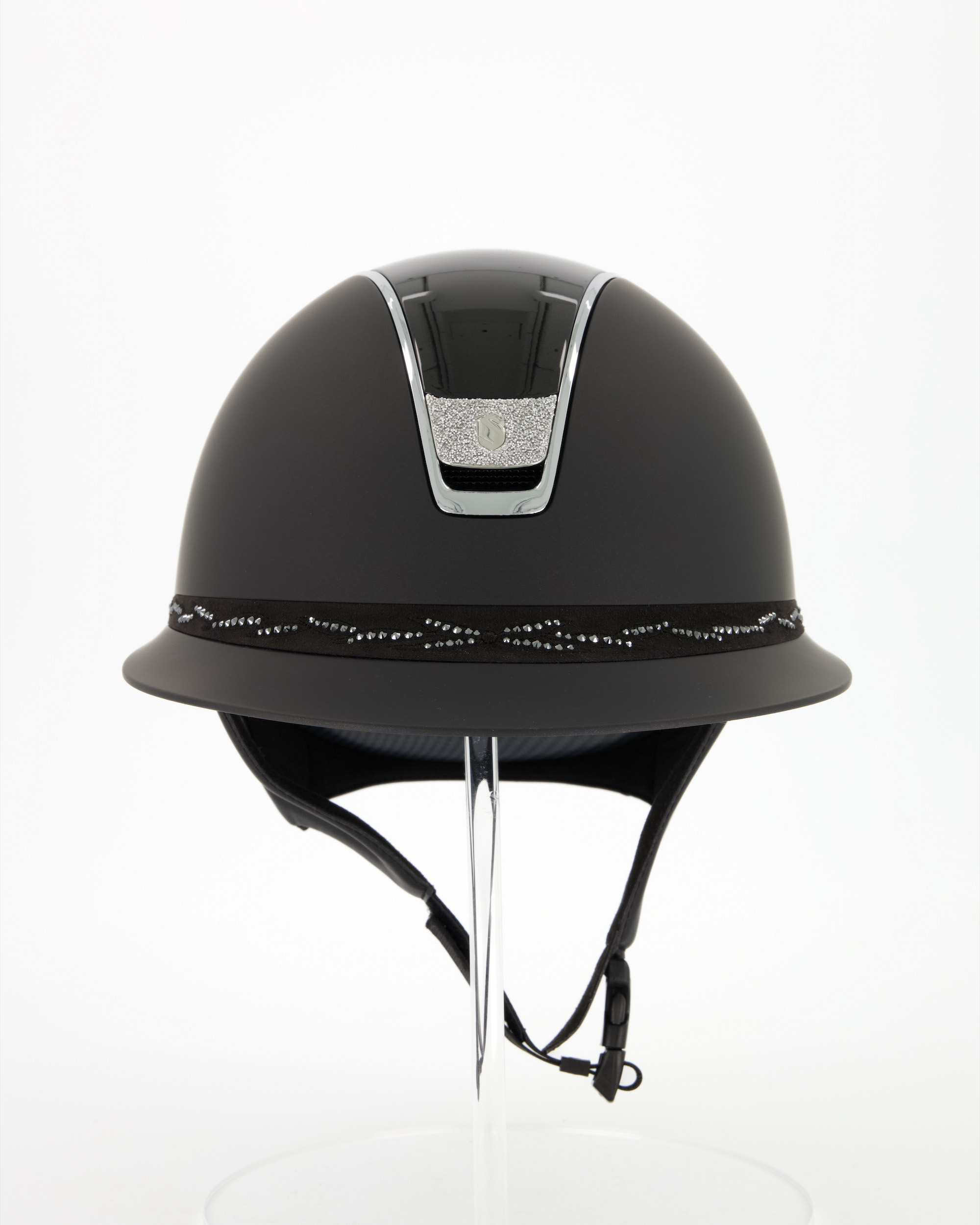 Reithelm 2.0 Miss Shield Shadowmatt, Top Shadow Glossy Black, Frontal Band Flower Swarovski Black, Trim Chrome Silver, Blason Crystal Fabric Silver in schwarz