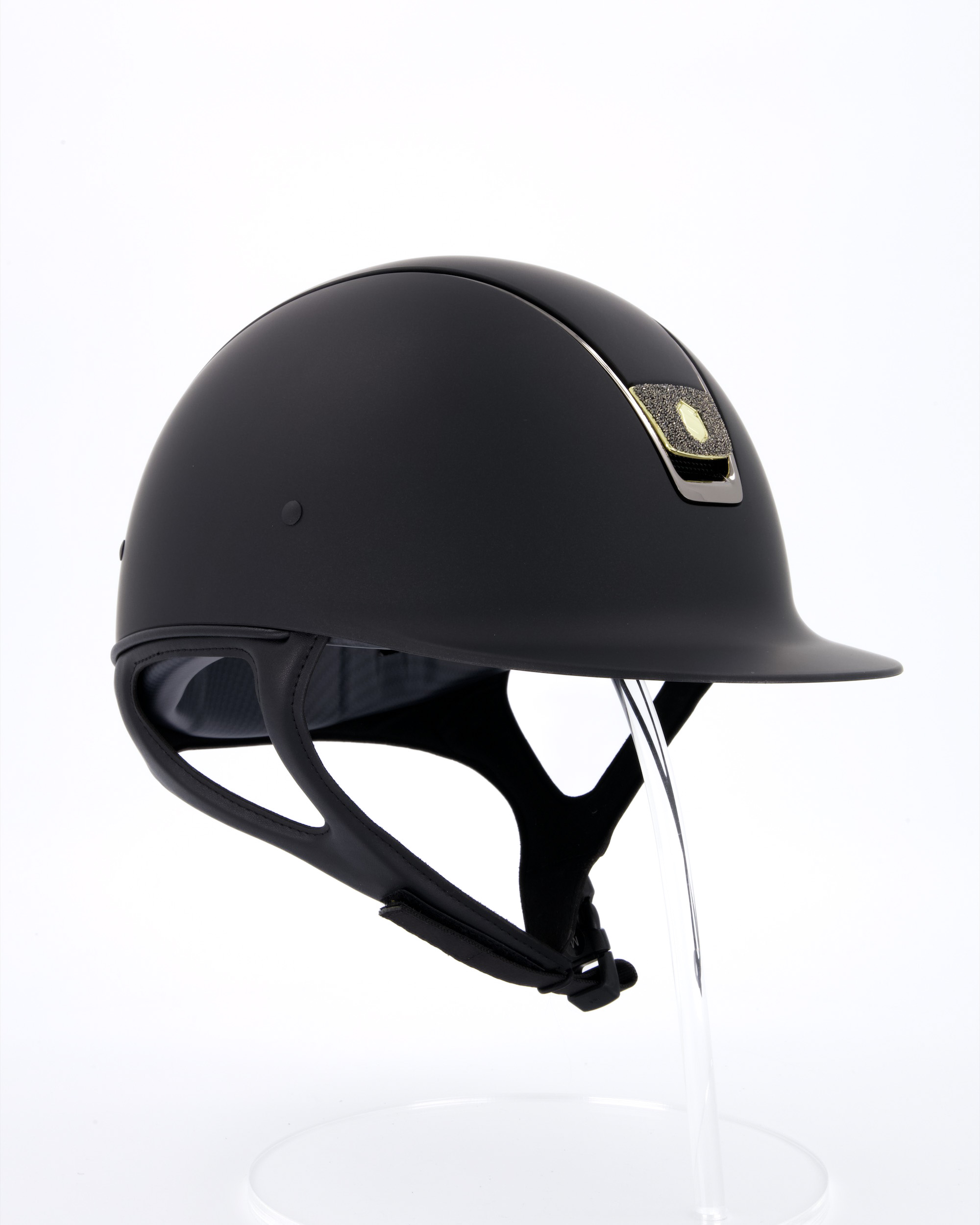 Riding helmet Shadowmatt Black Chrome Blason Crystal Fabric Gold in black
