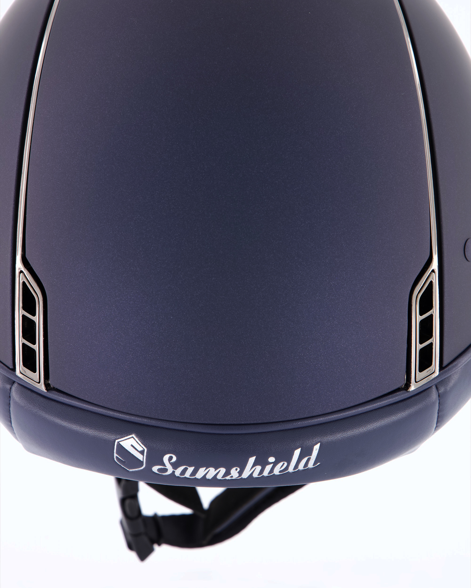 Riding helmet Miss Shield Shadowmatt, Frontal Band Crystal Fabric Swarovski Bermuda Blue, Trim Chrome Black, Blason Crystal Fabric Bermuda Blue in Blue
