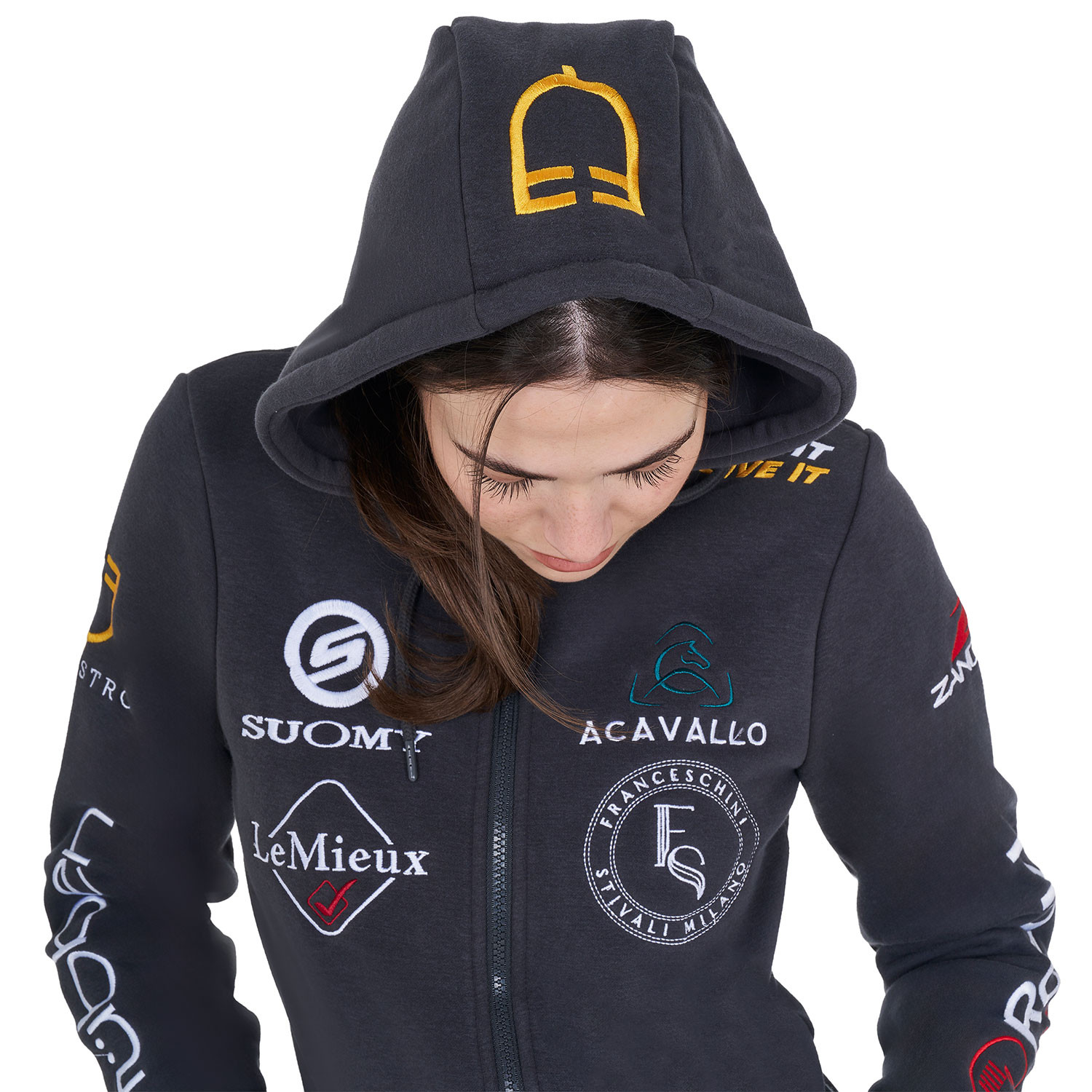 Damen-Kapuzenpullover mit mehreren Logos, Design 2024