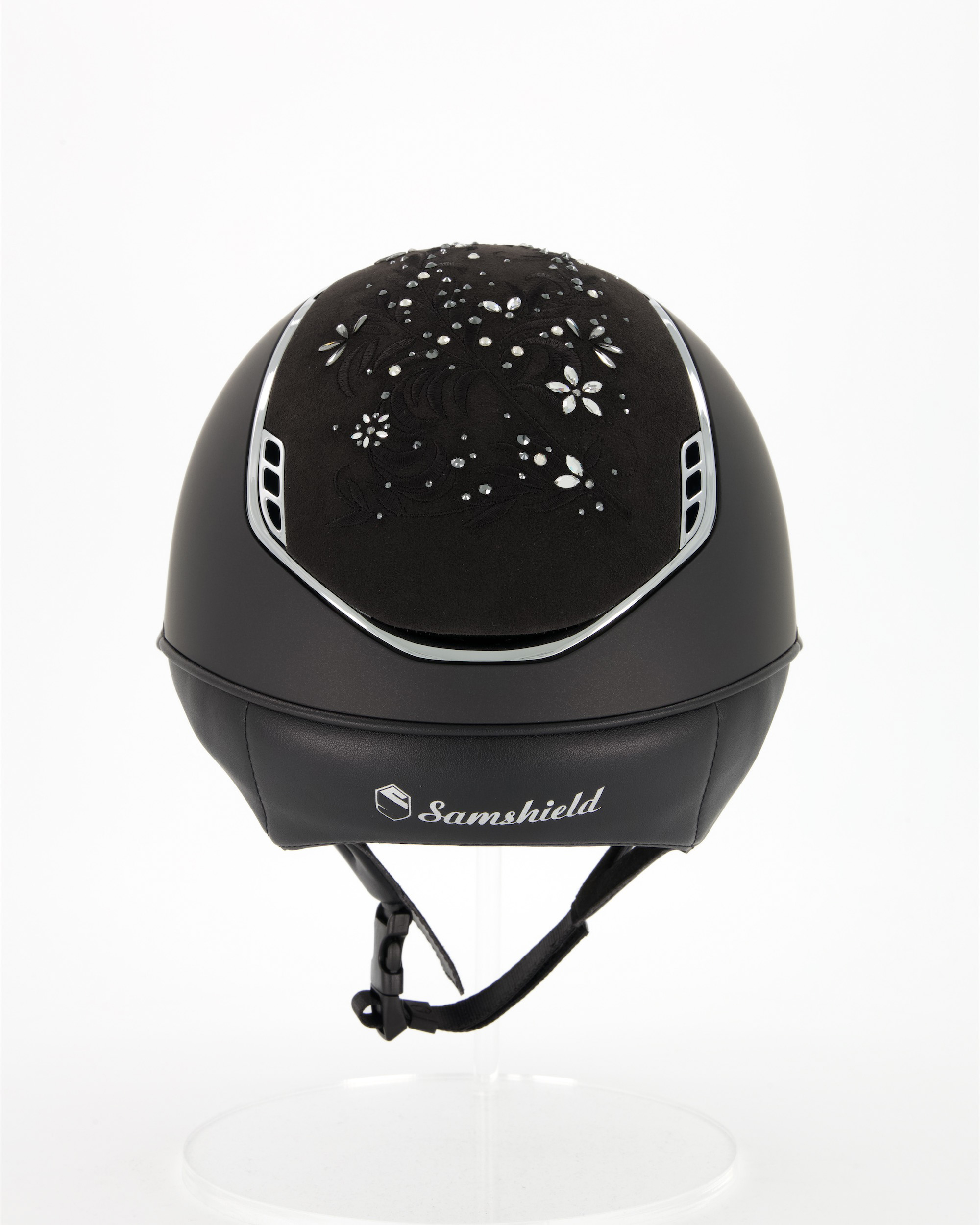 Riding helmet 2.0 Miss Shield Shadowmatt Top a. Frontal Band Flower Majestic Jewerly, Blason a. Trim Chrome Silver in black