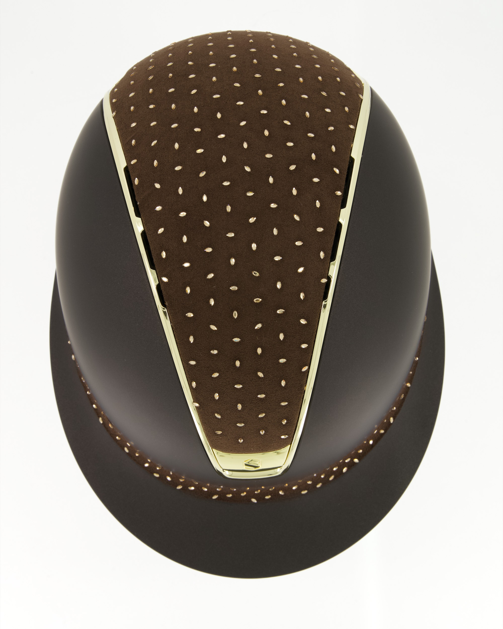 Riding helmet 2.0 Miss Shield Shadowmatt brown, top and frontal band Crystal Comet light Colorado Topaz, trim and blason Chrome Gold in brown