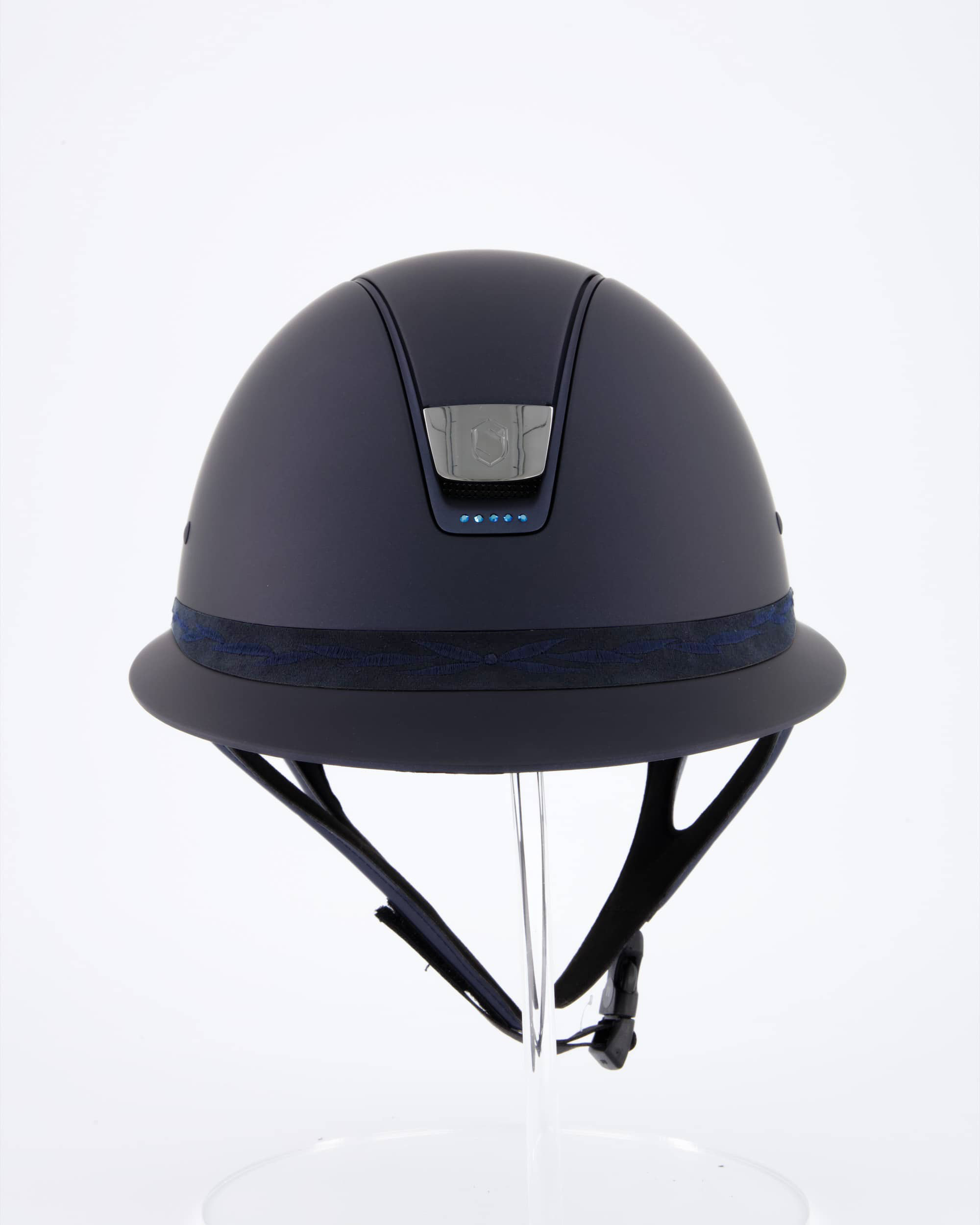 Riding helmet Miss Shield Shadowmatt Blue, Top Shadowmatt Blue, Frontal Band Flower Embroidery Blue, Trim Matt Navy Blue, 5 Swarovski Dark Blue, Blason Chrome Black