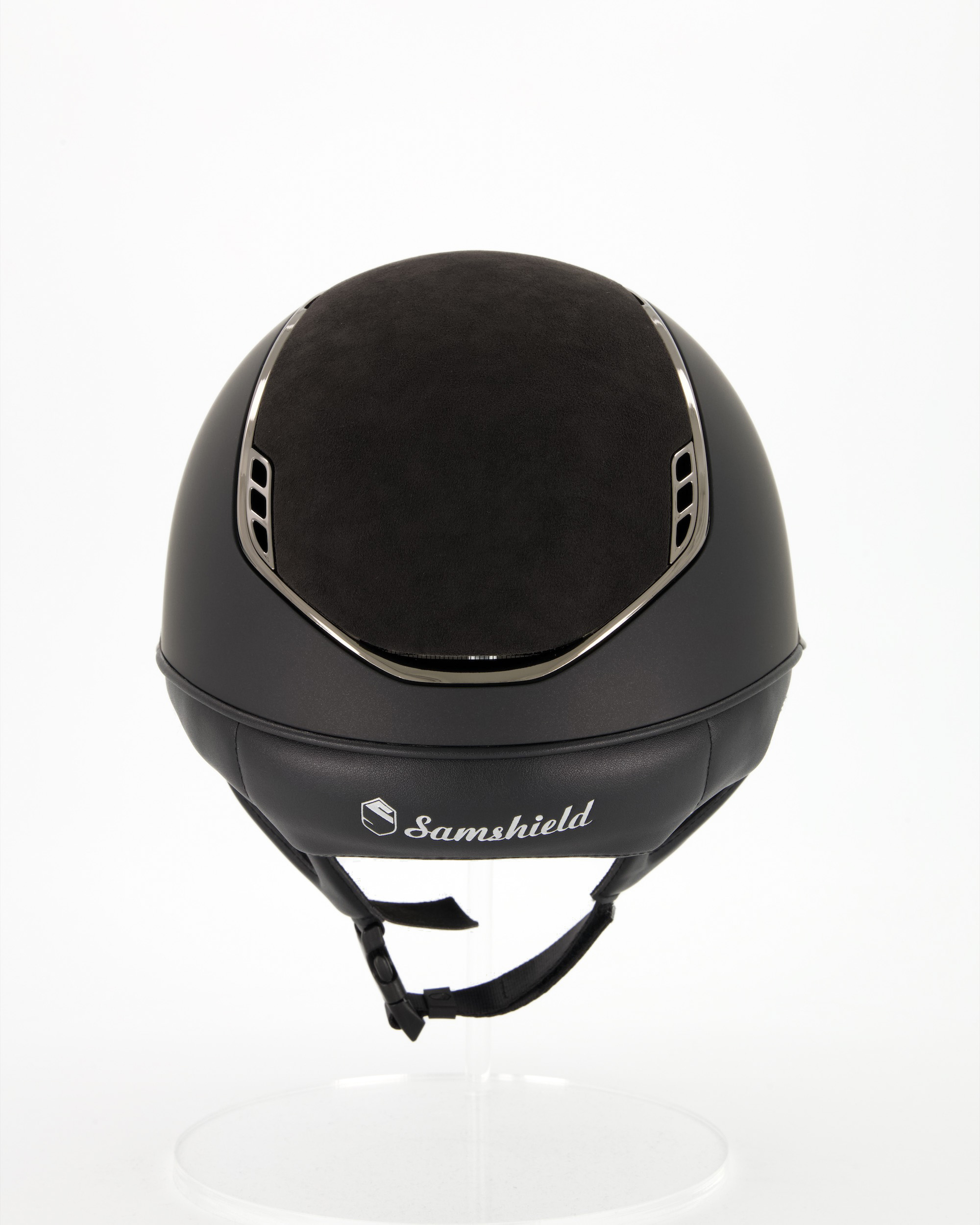 Riding helmet Miss Shield 2.0 Shadowmatt , Top and frontal band Alcantara black, Trim and Blason Chrome Black, 5 Swarovski in black