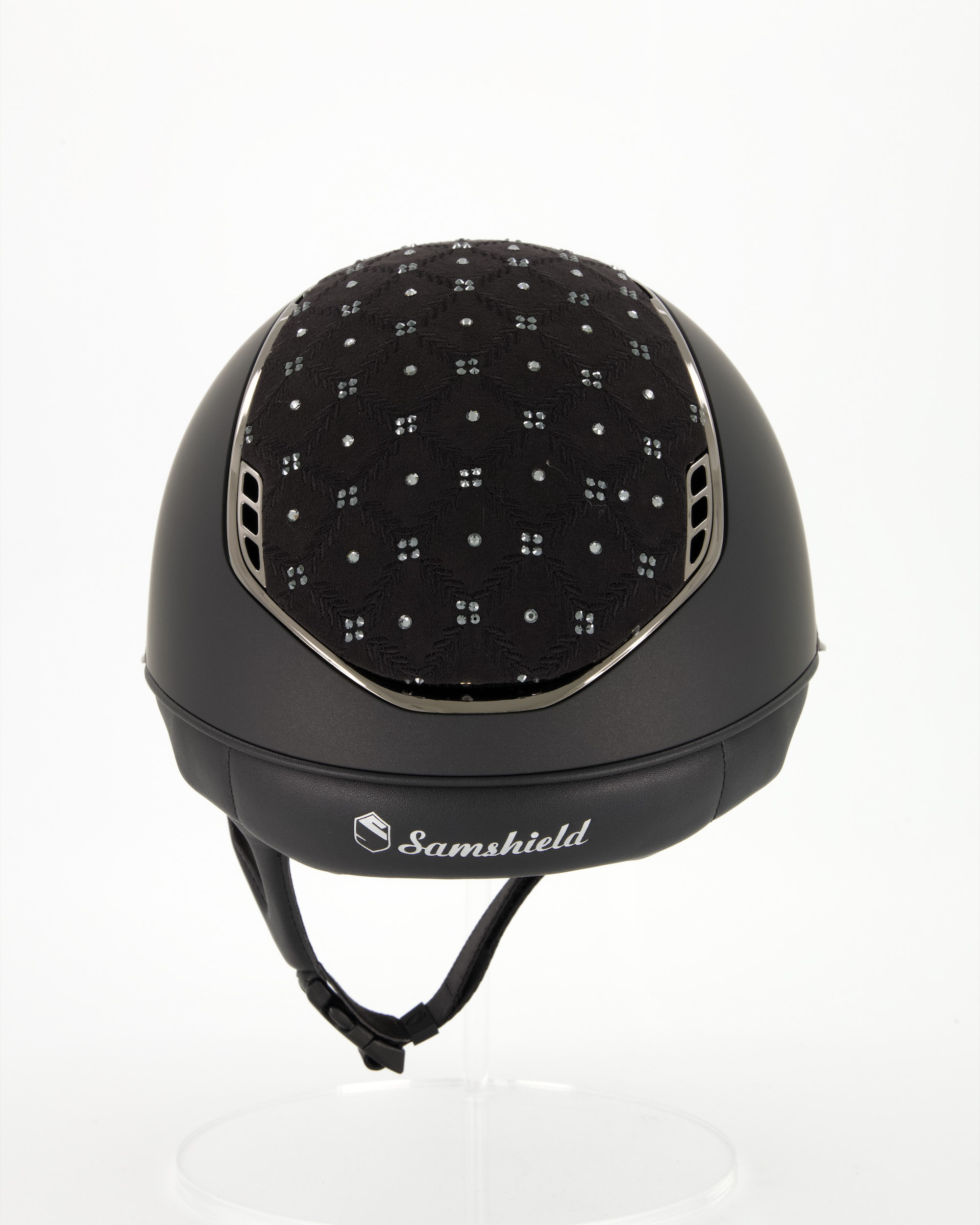 Reithelm 2.0 Miss Shield Shadowmatt Black, Top u. Frontalband Royal Flower, Trim u. Blason Chrome Black in schwarz