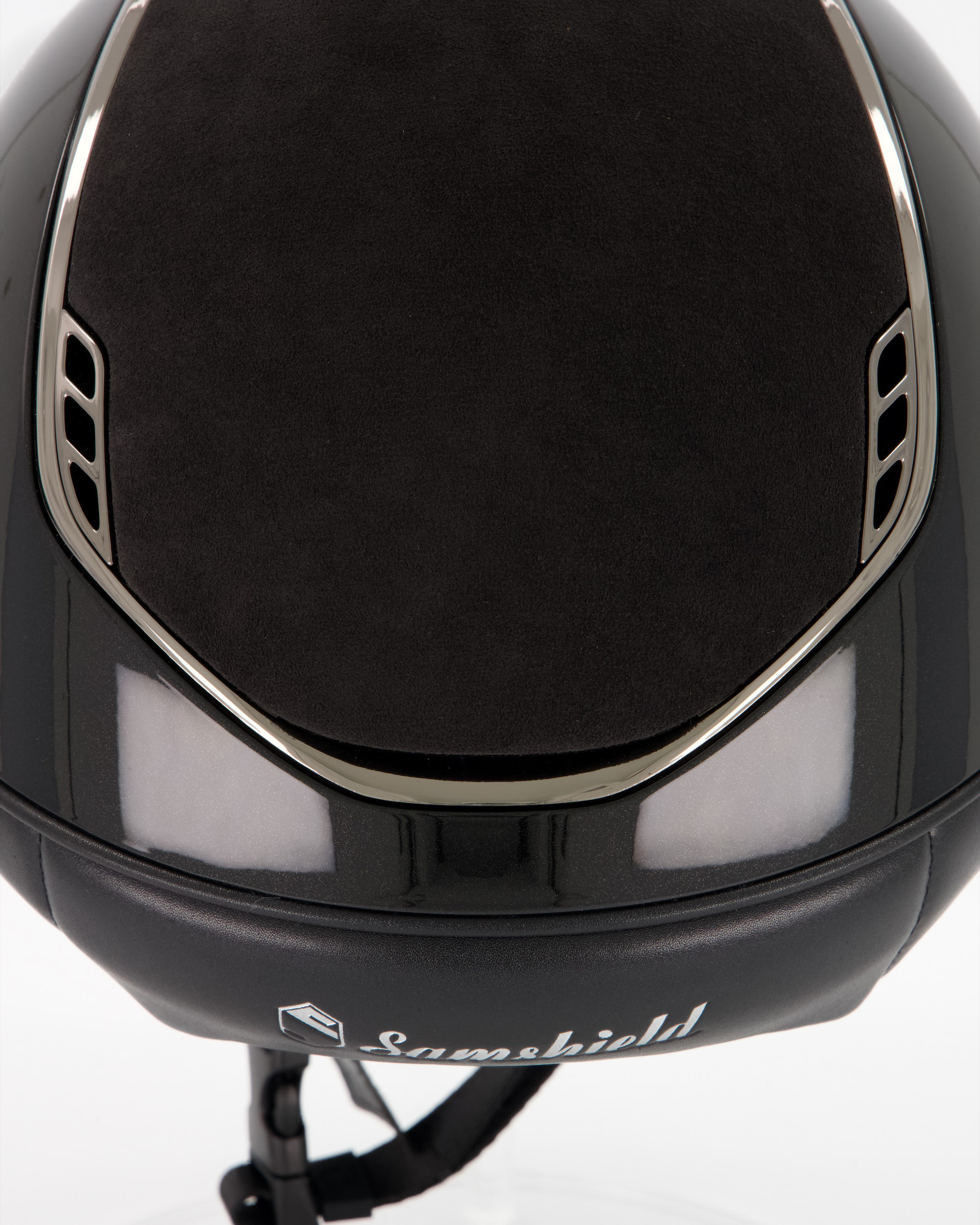 Riding helmet 2.0 Miss Shield Shadowglossy Top u. Frontal Band Alcantara, Trim Chrome Black, Blason Crystal Fabric Black in black