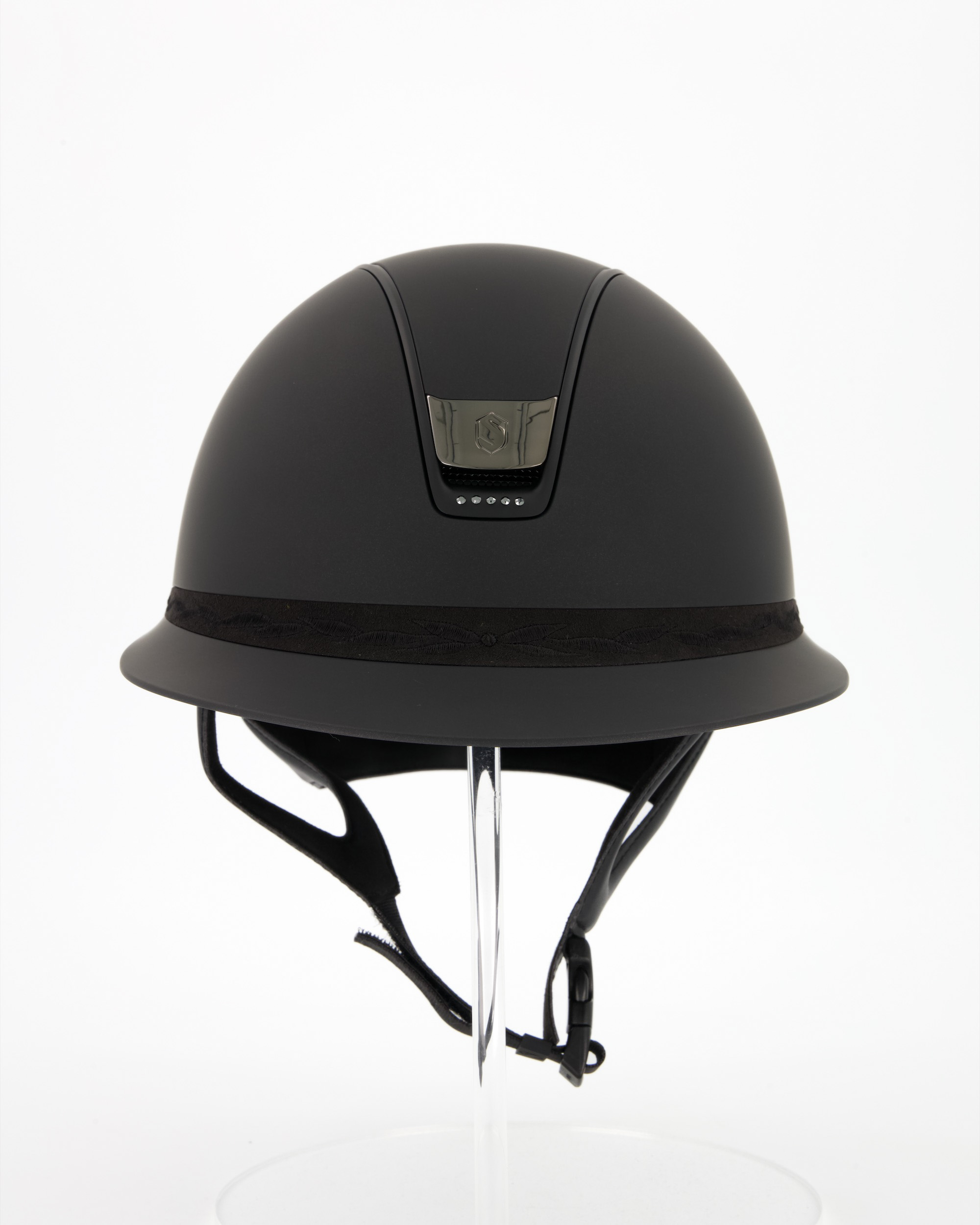 Reithelm 2.0 Miss Shield Shadowmatt Black, Top Shadowmatt Black, Frontal Band Flower Embroidery Black, Trim Matt Black, 5 Swarovski Jet Hemitate, Blason Chrome Black