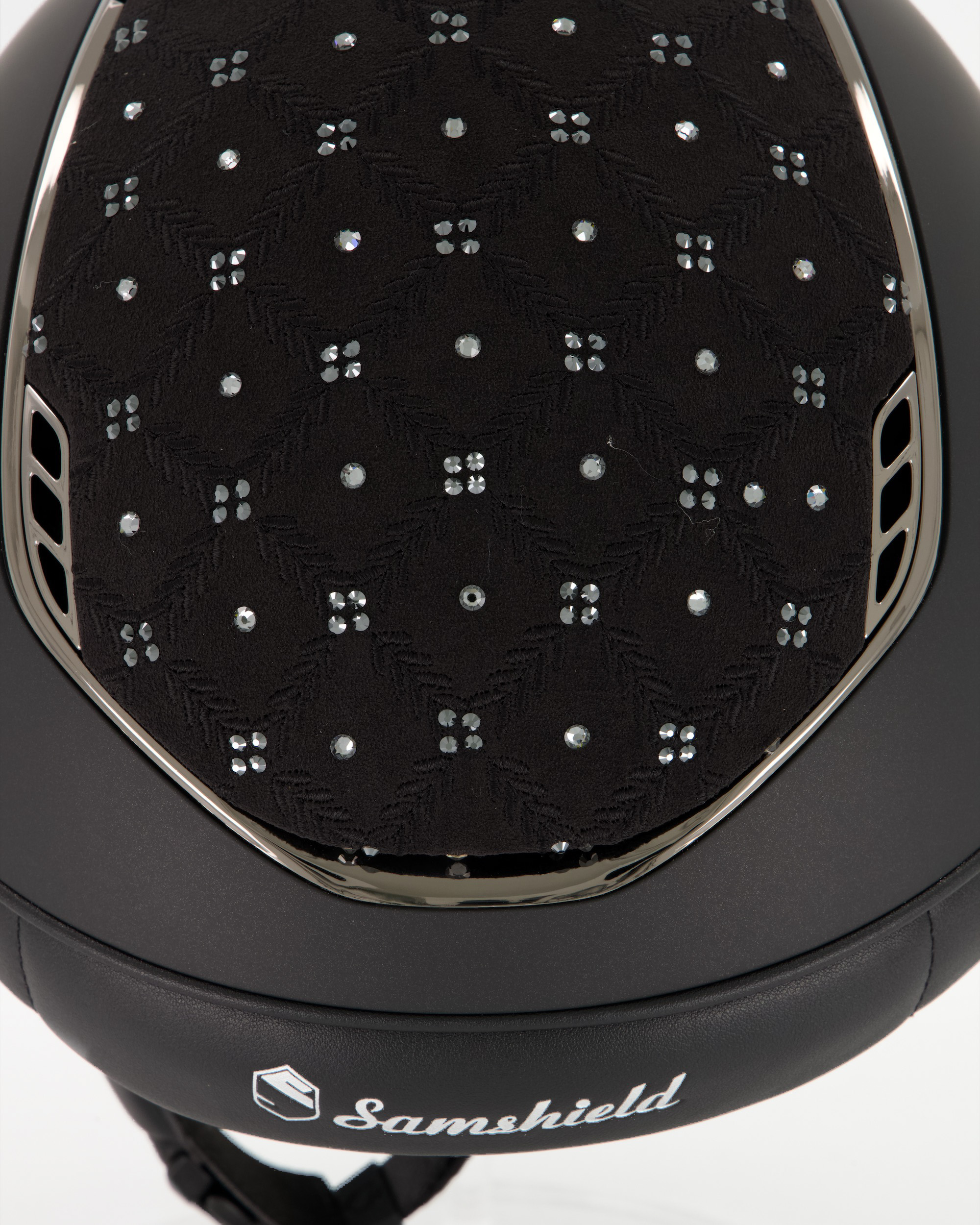 Reithelm 2.0 Miss Shield Shadowmatt Black, Top u. Frontalband Royal Flower, Trim u. Blason Chrome Black in schwarz