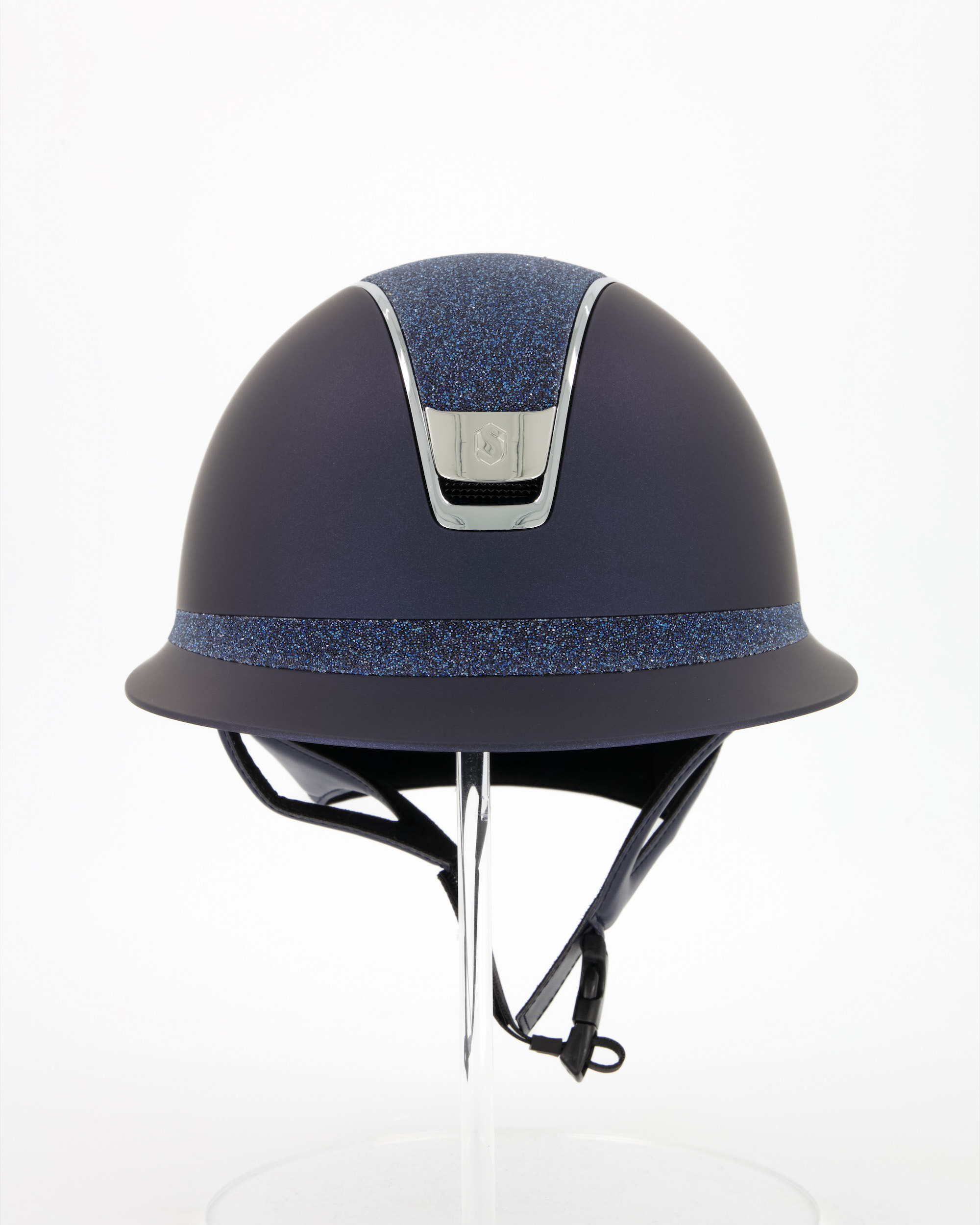 Reithelm Miss Shield 2.0 Shadowmatt, Top u.Frontalband Crystal Fabric Swarovski Blue, Trim u. Blason Chrome Silver in blau