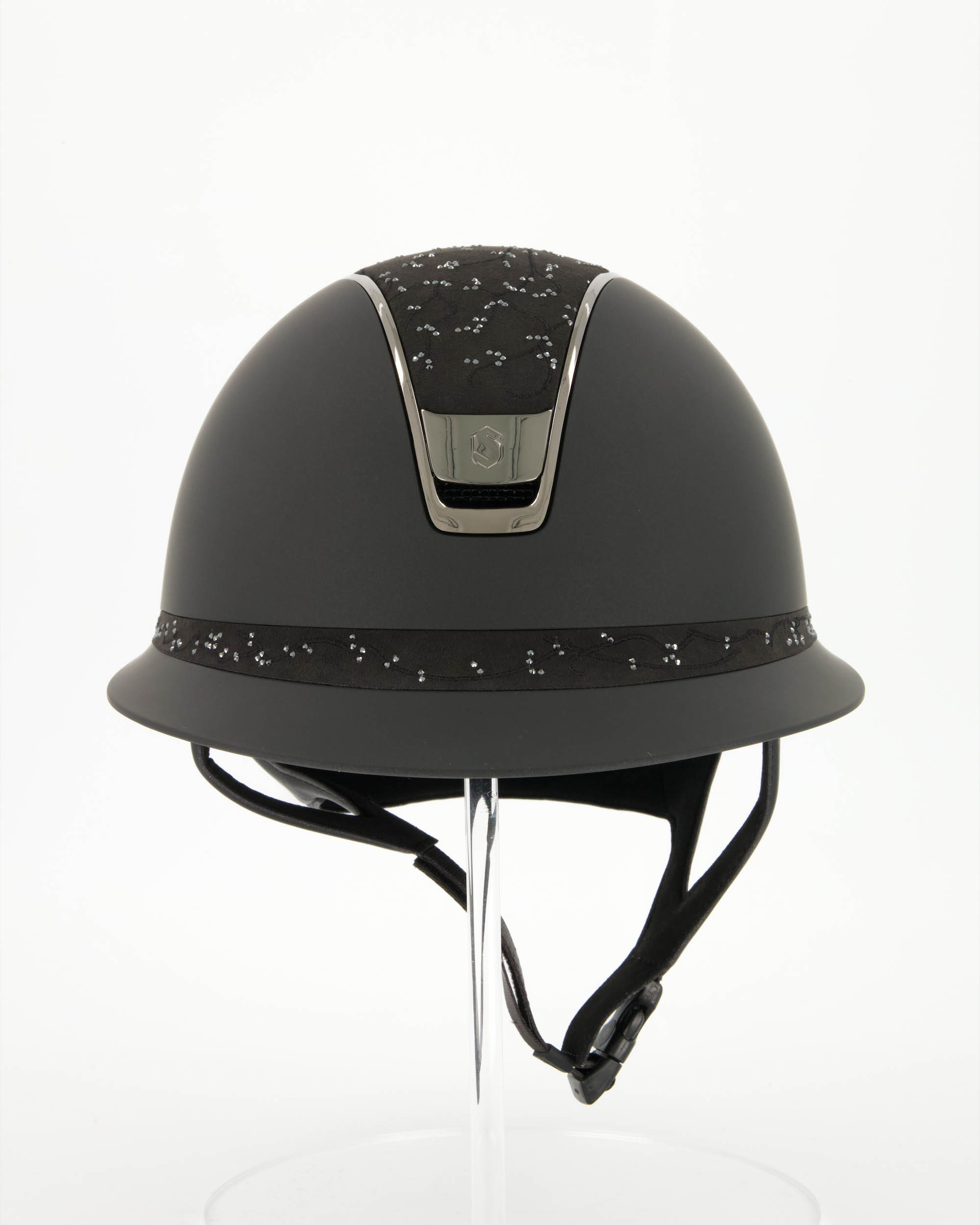 Riding helmet 2.0 Miss Shield Shadowmatt Black, Top and Frontal Band Crystal Leaf, Trim and Blason Chrome Black