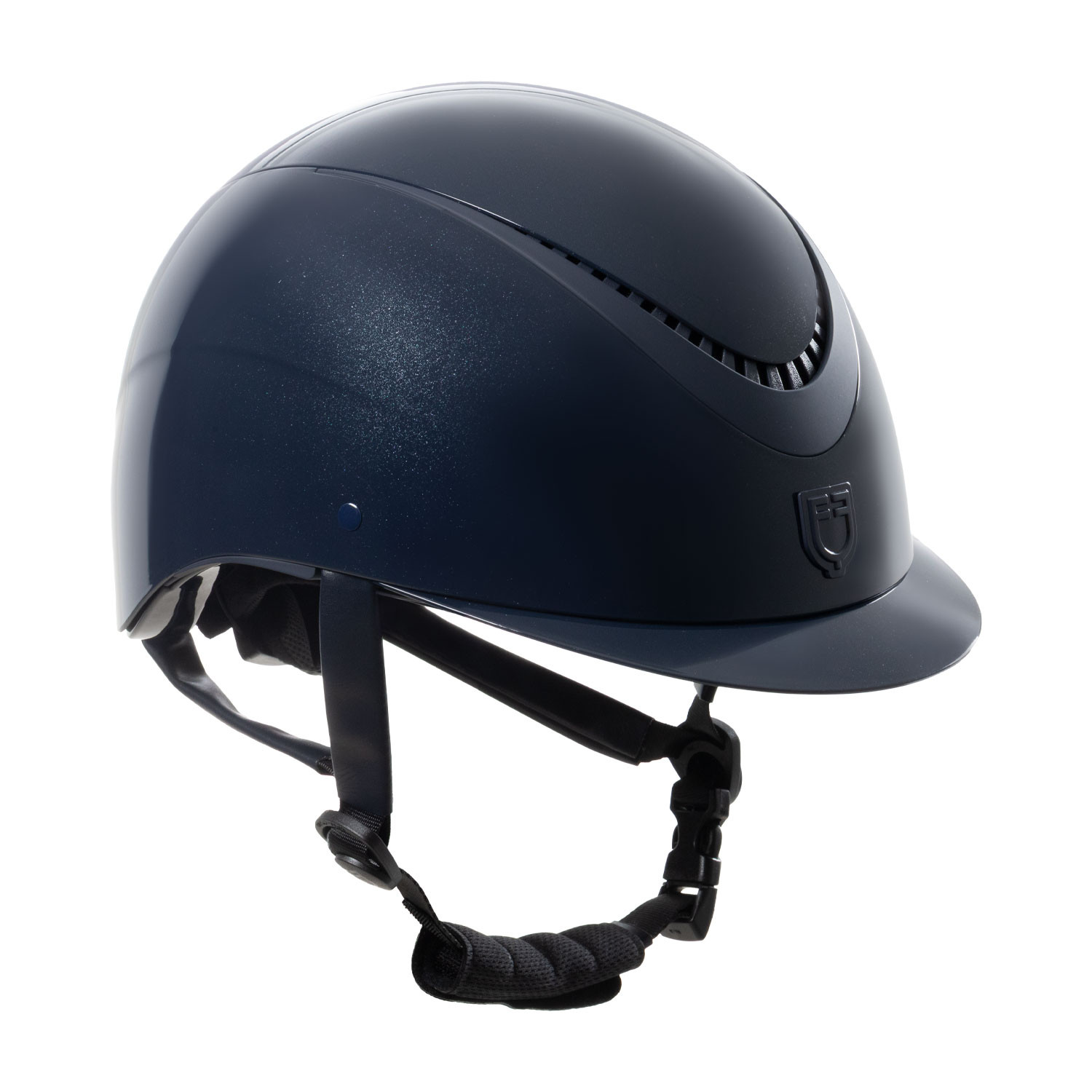 Glanz-Helm mit Kunstleder-Riemen und schmalem Visier, Norm EN 1384-2023