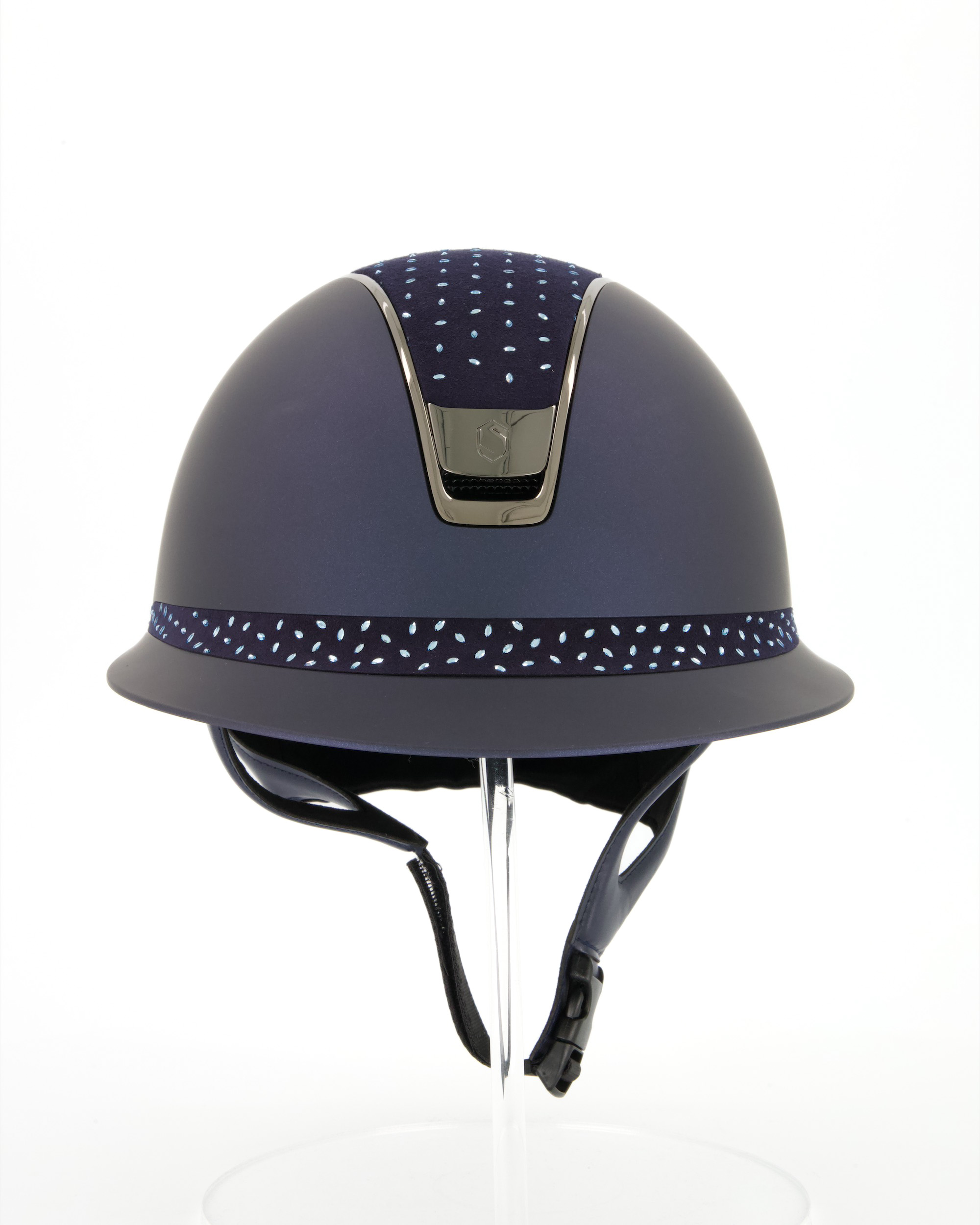 Reithelm 2.0 Miss Shield Shadowmatt Blue, Top u. Frontal Band Crystal Comet, Trim u. Blason Chrome Black in blau